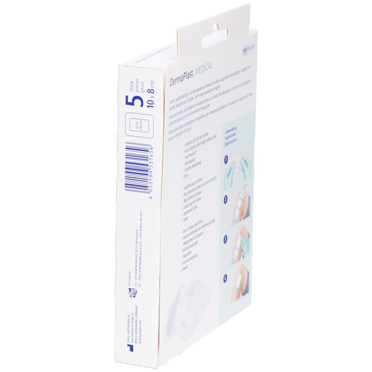 Emballage de DERMAPLAST Medical Vliesverband. Dos avec code-barres et instructions. 5 pièces, 10x8 cm.