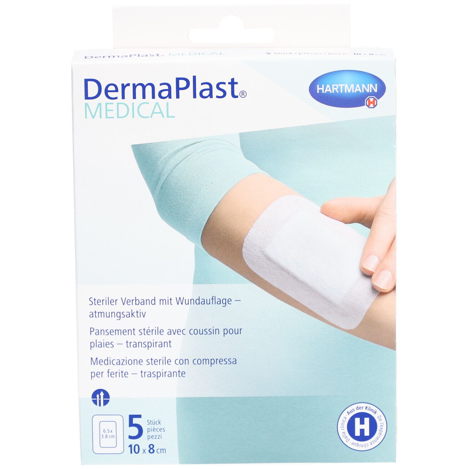 Emballage de DERMAPLAST Medical Vliesverband. Pansement sur un bras. 5 pièces, 10x8 cm.