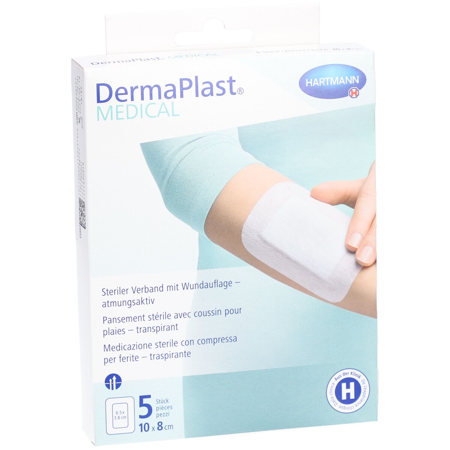 Emballage de DERMAPLAST Medical Vliesverband. Pansement sur un bras. 5 pièces, 10x8 cm.