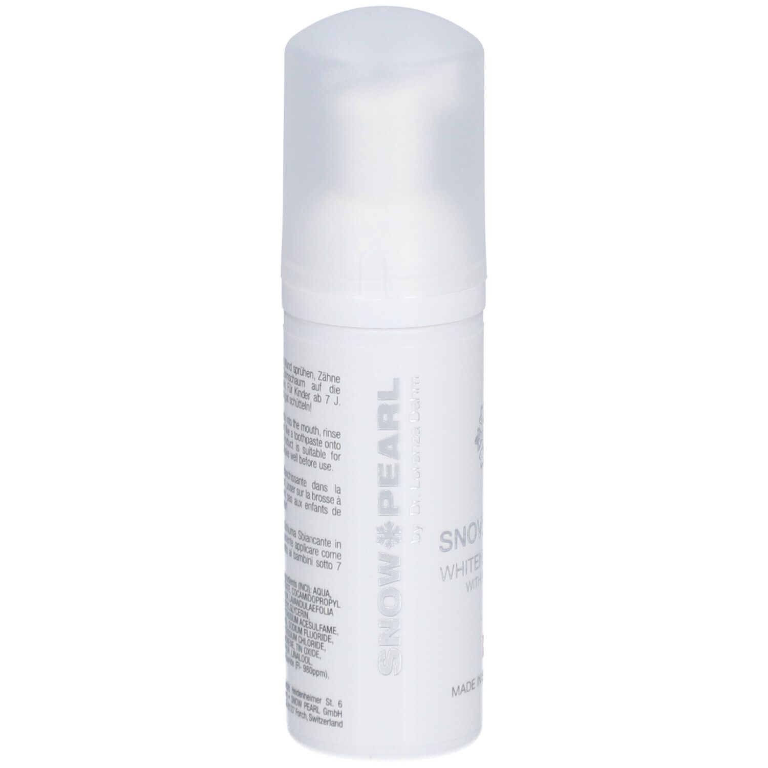 Weiße Flasche mit Schaum. Aufschrift: Snow Pearl, Snow Shine Whitening Foam. Schweizer Kreuz.