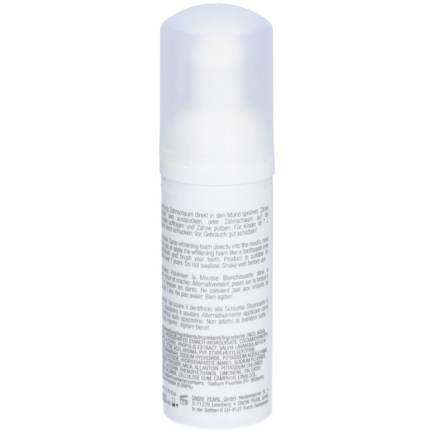 Weiße Flasche mit Schaum. Rückseite mit Text. Aufschrift: Snow Pearl, Snow Shine Whitening Foam.