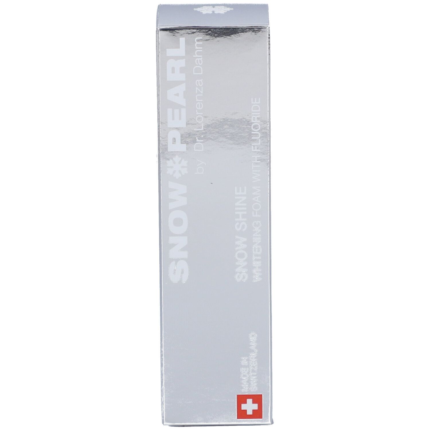 Schachtel. Aufschrift: Snow Pearl, Snow Shine Whitening Foam mit Fluorid. Schweizer Kreuz.