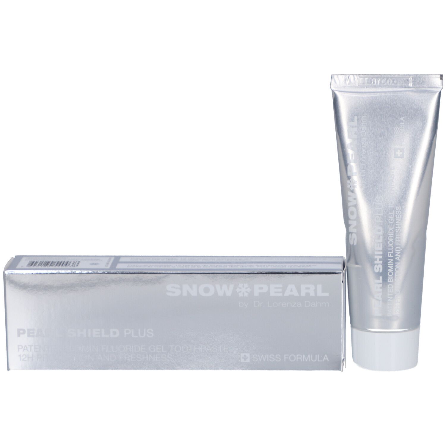 Zahnpasta-Tube und Schachtel. Tube: SNOW & PEARL, BIOMIN Fluorid Gel Zahnpasta. Schachtel: PEARL SHIELD PLUS, Swiss Formula.