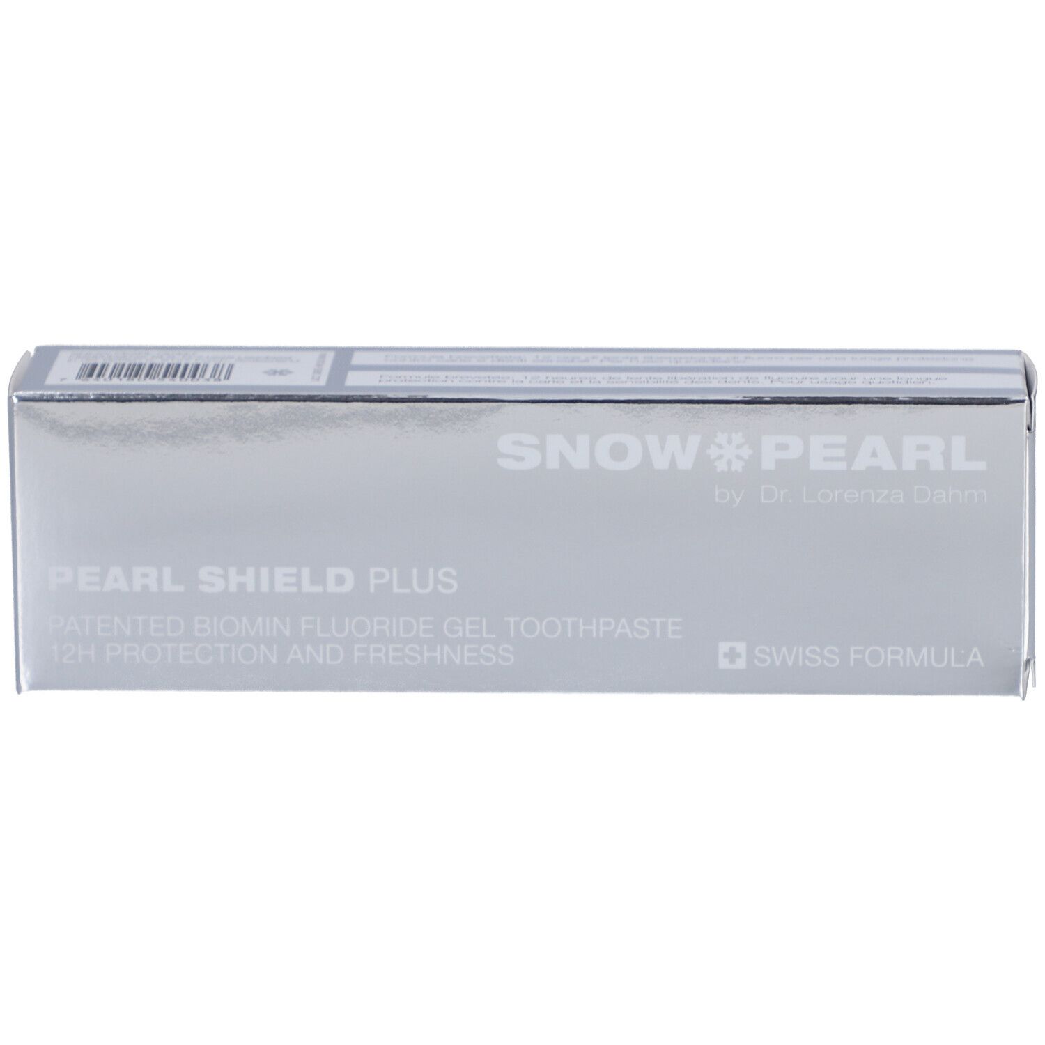 Silberfarbene Schachtel mit Aufschrift: SNOW & PEARL, PEARL SHIELD PLUS, BIOMIN Fluorid Gel Zahnpasta, Swiss Formula.