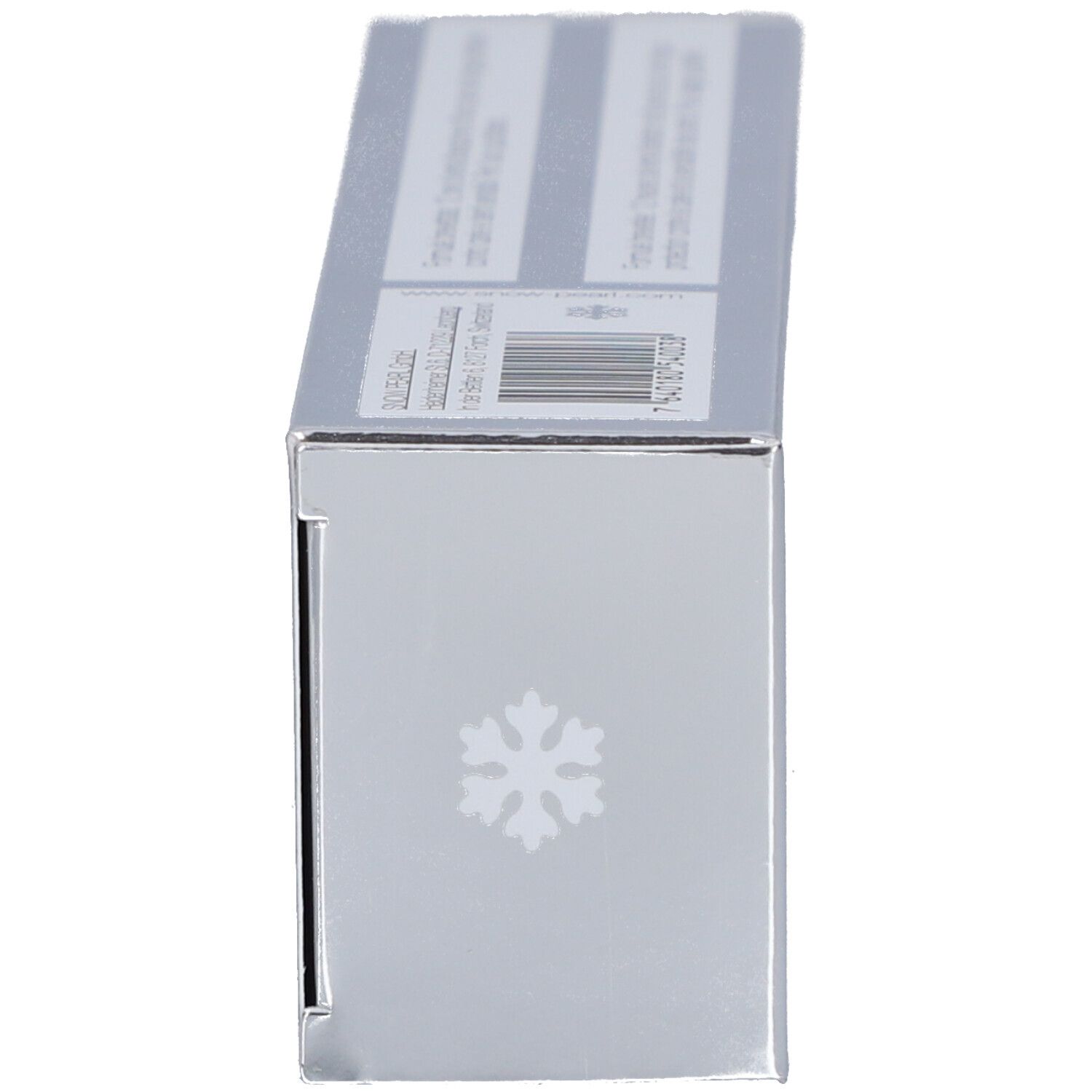Silberfarbene Schachtel, Seitenansicht. Aufschrift: PEARL SHIELD PLUS, Schneeflocken-Logo. Barcode.
