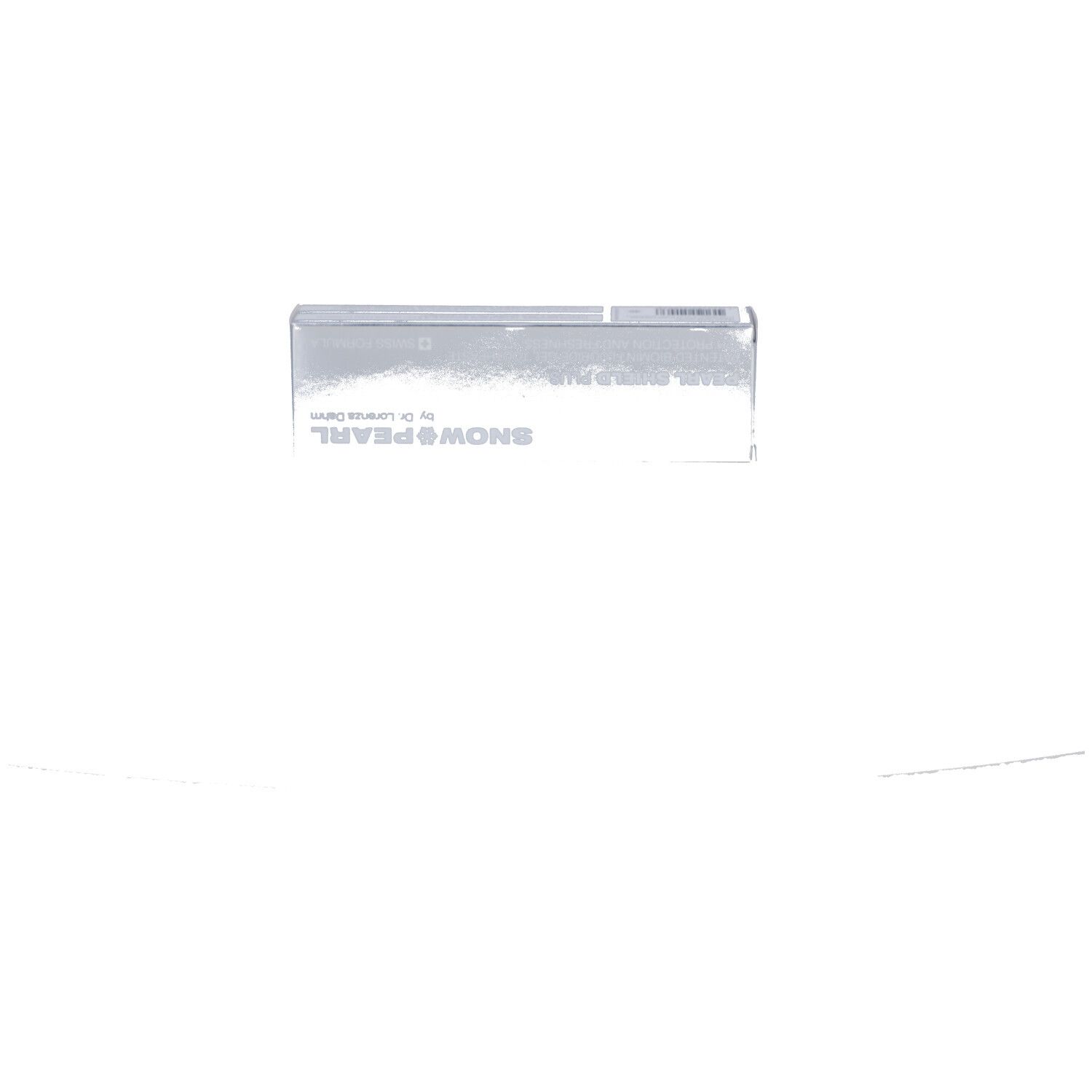 Silberfarbene Schachtel, Oberseite. Aufschrift: SNOW & PEARL, PEARL SHIELD PLUS.