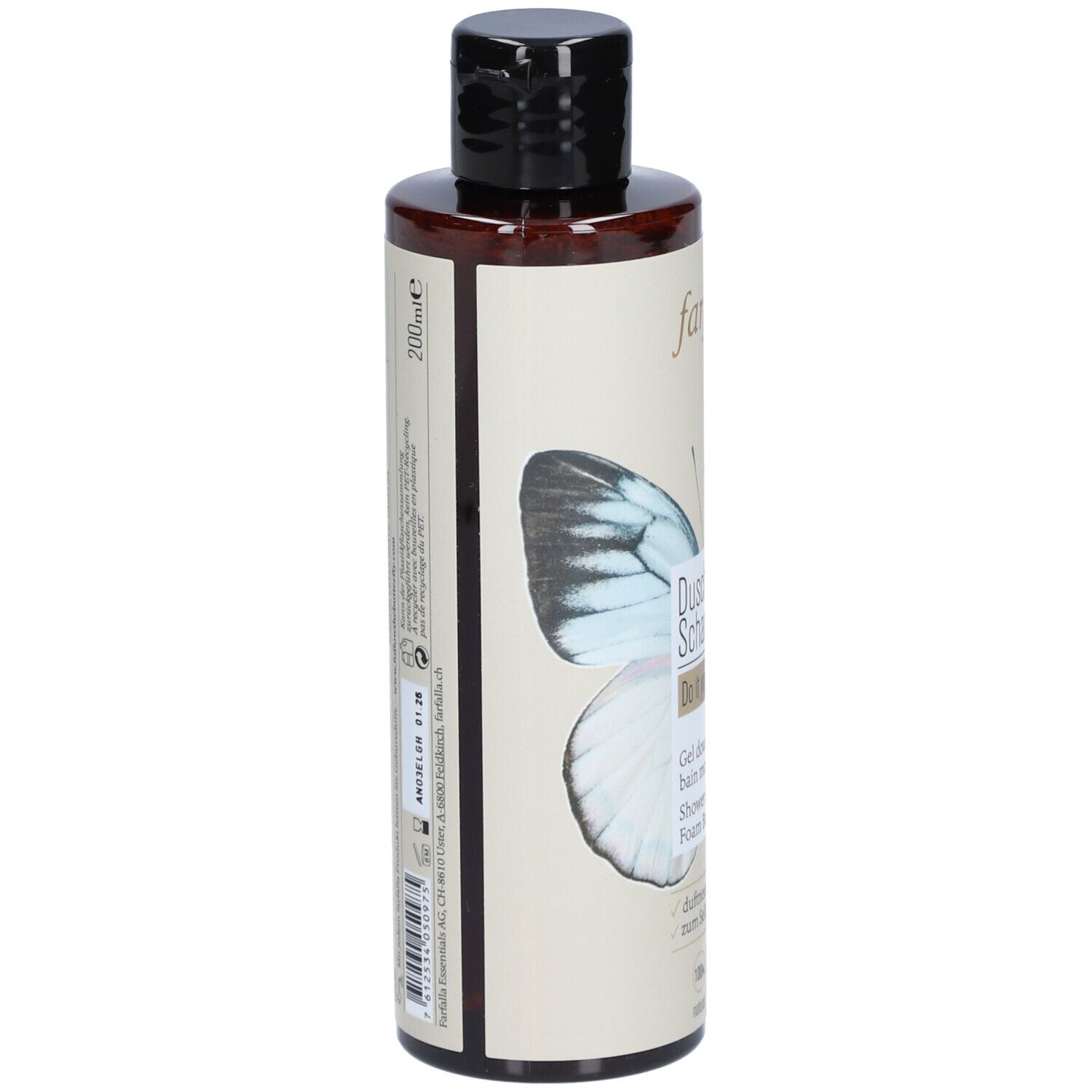 Braune Flasche mit schwarzem Deckel. Aufschrift: Duschgel/Schaumbad, Do it yourself. Logo: farfalla. Mit Schmetterlingsmotiv.