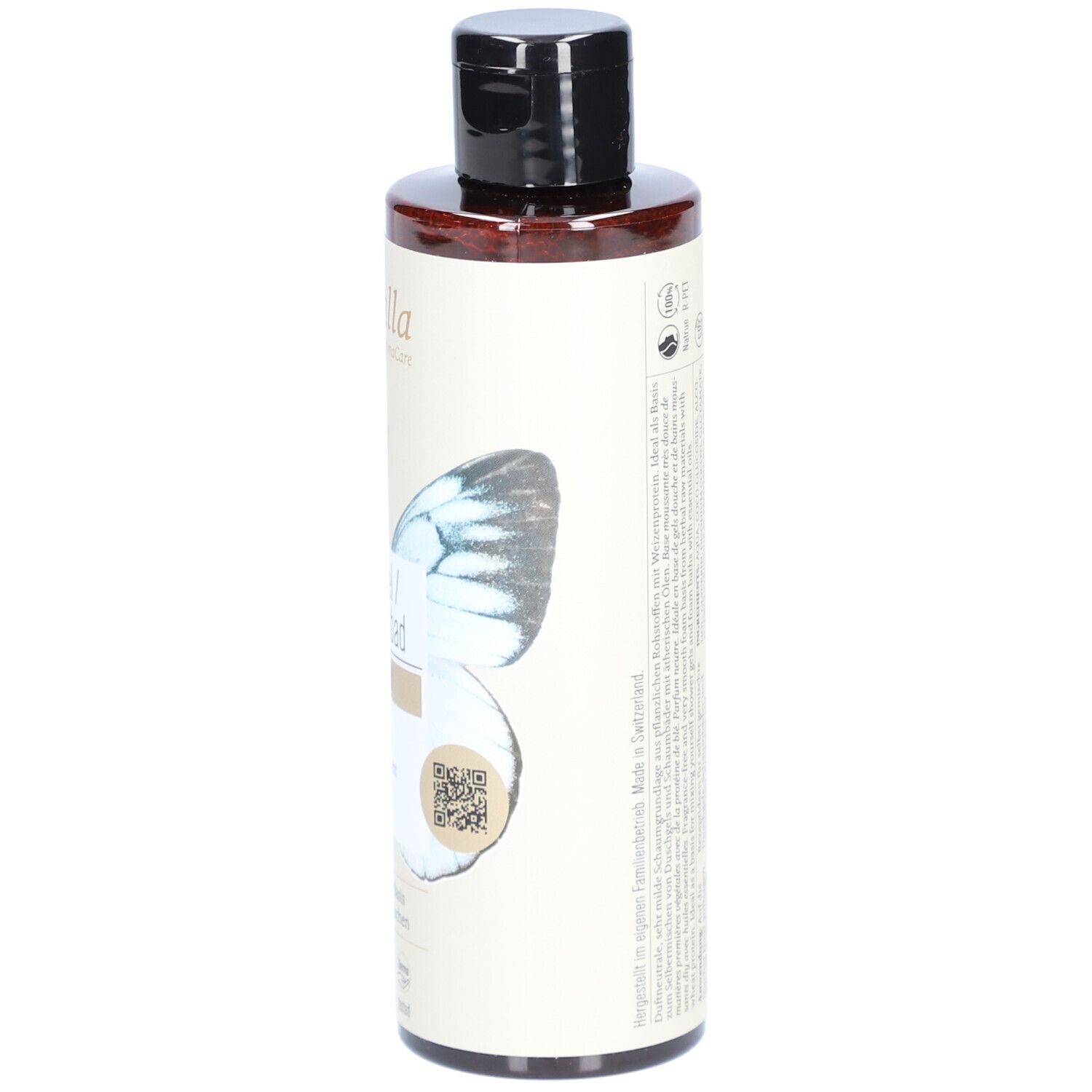 Braune Flasche mit schwarzem Deckel. Aufschrift: Duschgel/Schaumbad, Do it yourself. Logo: farfalla. Mit Schmetterlingsmotiv.