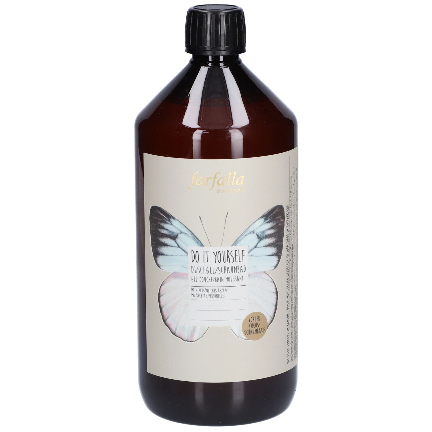 Braune Flasche mit schwarzem Deckel. Aufkleber mit Schmetterling und Schriftzug: Do it yourself Gel-Dusche/Bain moussant.