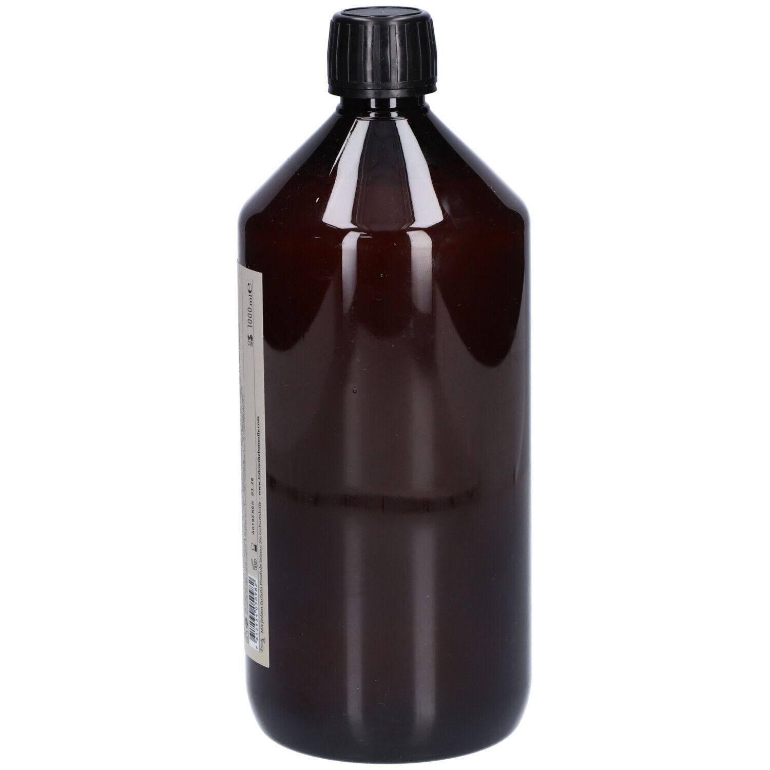 Braune Flasche mit schwarzem Deckel. Produktetikett nicht sichtbar.