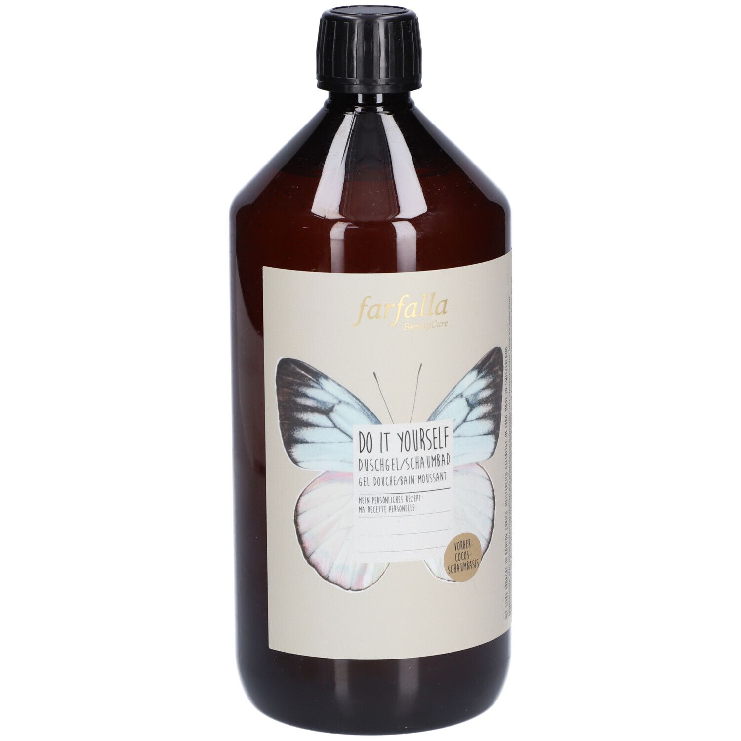 Braune Flasche mit schwarzem Deckel. Aufkleber mit Schmetterling und Schriftzug: Do it yourself Gel-Dusche/Bain moussant.
