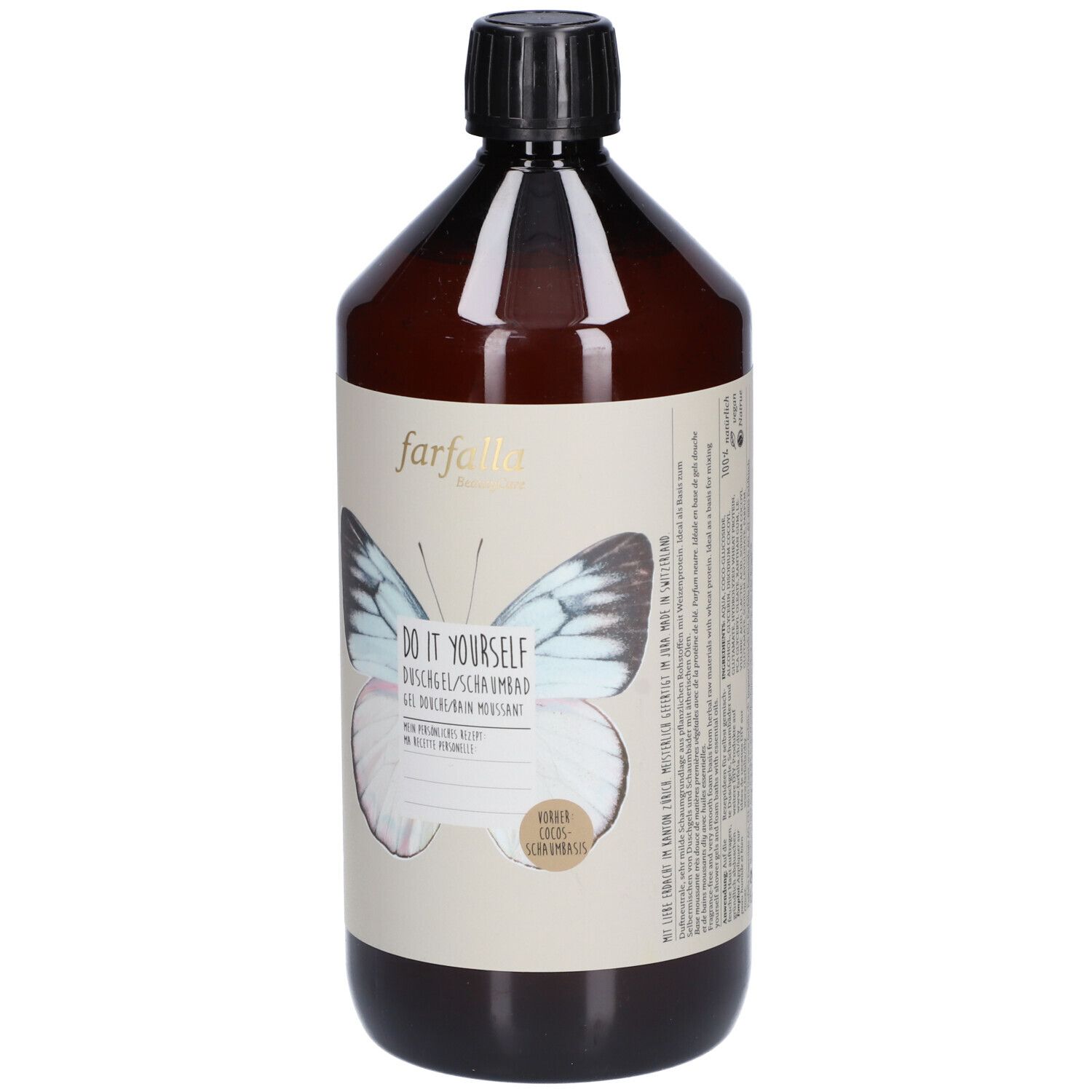 Braune Flasche mit schwarzem Deckel. Aufkleber mit Schmetterling und Text. Zusätzliche Textinformationen auf dem Etikett.