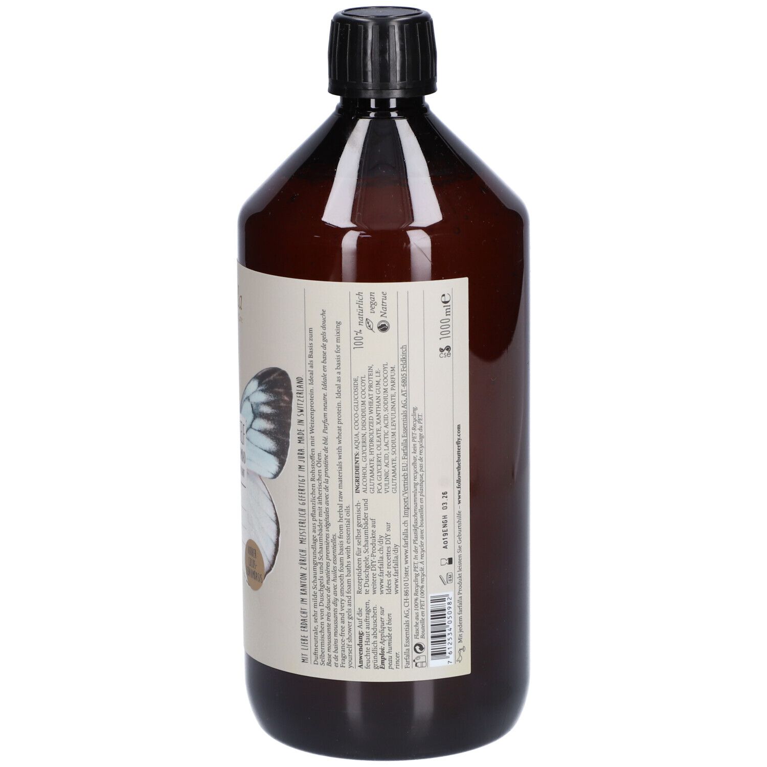 Braune Flasche mit schwarzem Deckel. Aufkleber mit Schmetterling und Text. Zusätzliche Textinformationen auf dem Etikett.