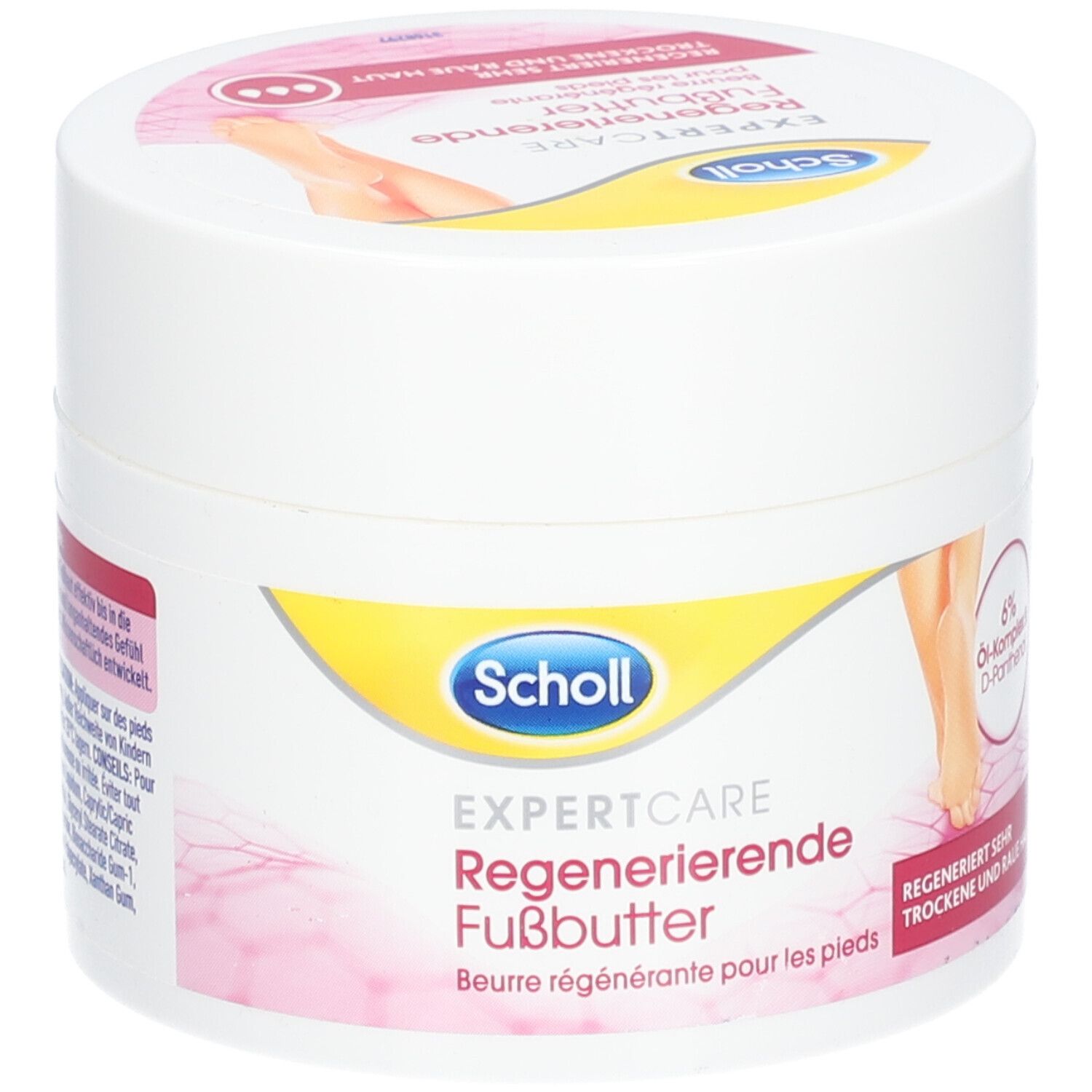 Pot blanc avec étiquette jaune et rose. Inscription : Scholl Expert Care Beurre régénérant pour les pieds. Illustration d'un pied.