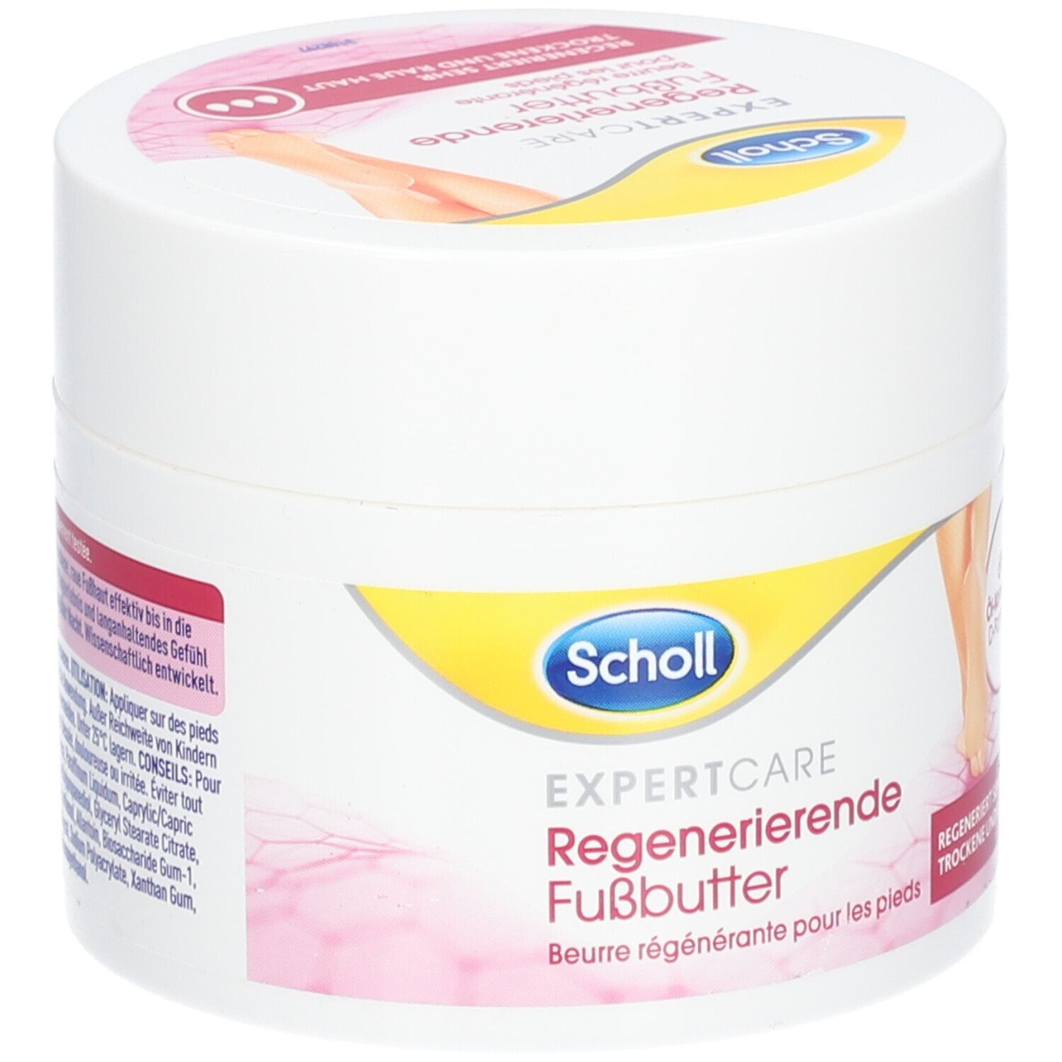 Pot blanc avec étiquette jaune et rose. Inscription : Scholl Expert Care Beurre régénérant pour les pieds. Illustration d'un pied.