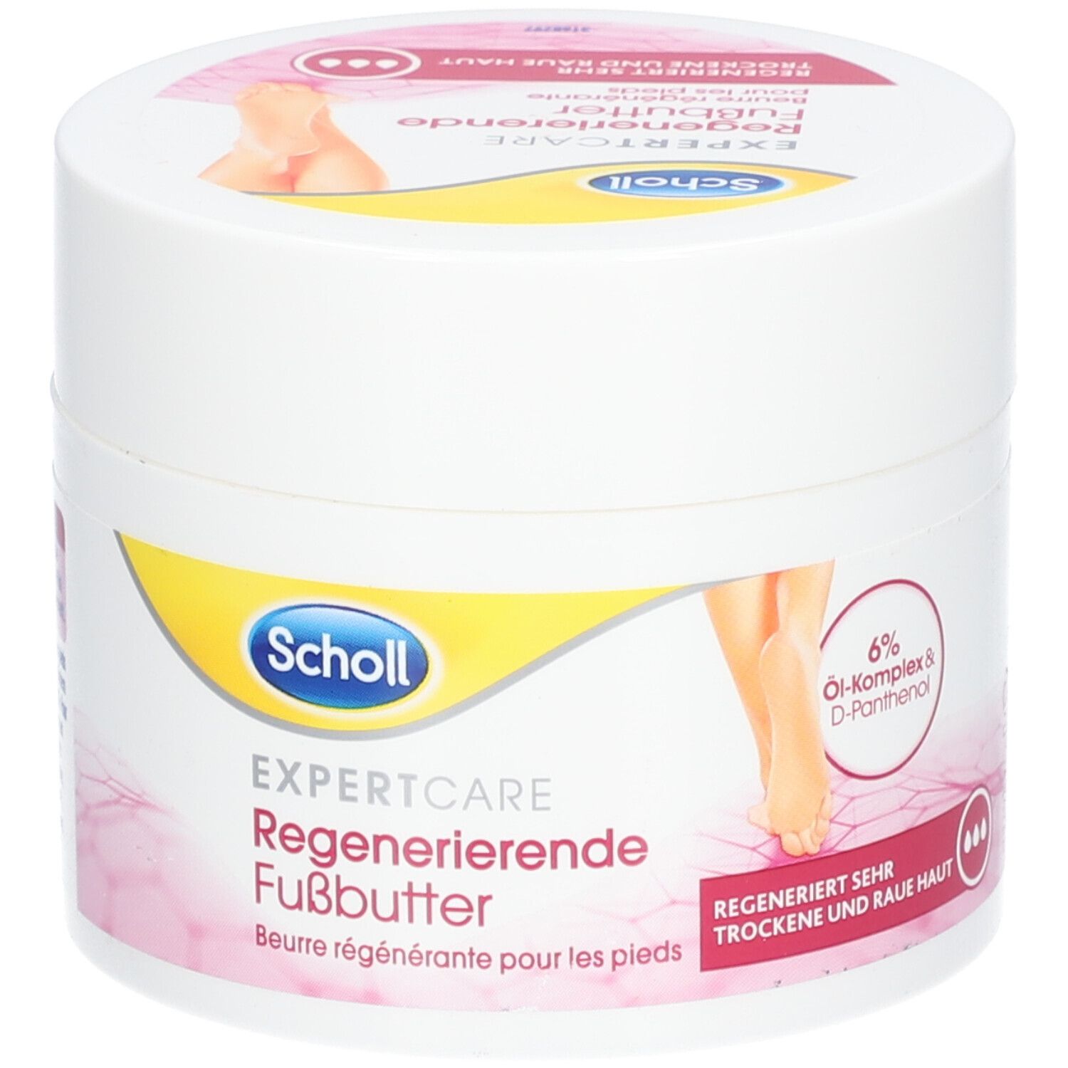 Pot blanc avec étiquette jaune et rose. Inscription : Scholl Expert Care Beurre régénérant pour les pieds. Illustration d'un pied.