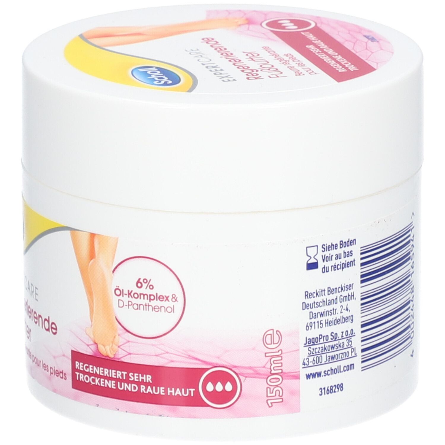 Dos du pot blanc. Texte en allemand et en français. Fond rose. 150ml.