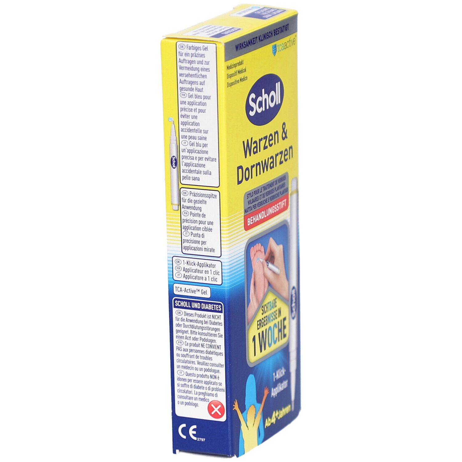 Scholl Warzen & Dornwarzen Behandlungsstift. Verpackung, Seitenansicht. Text und Produktabbildung. 1-Klick-Applikator. Sichtbare Ergebnisse in 1 Woche. Ab 4+ Jahren.