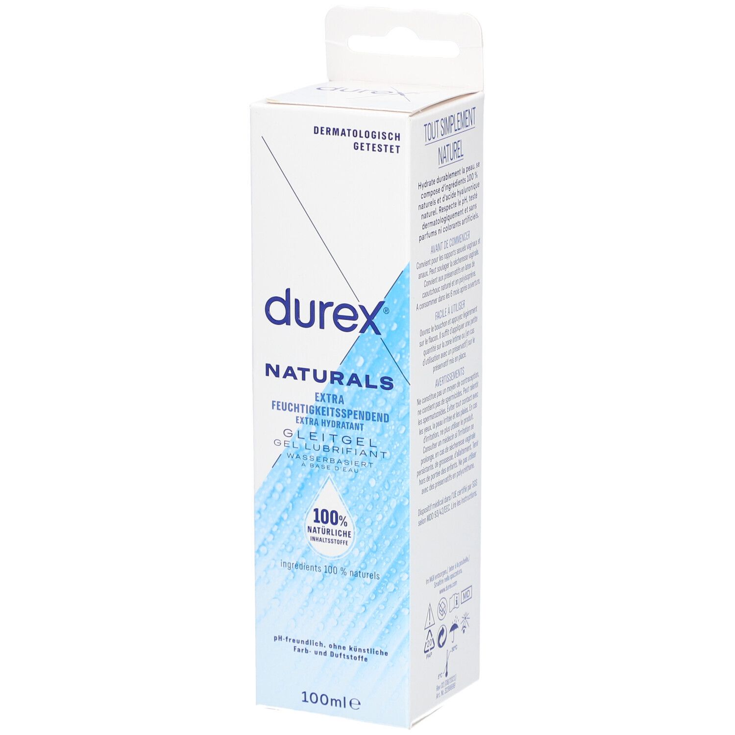 Durex Naturals Extra Hydratant. Emballage blanc avec graphique bleu. Ingrédients 100% naturels.