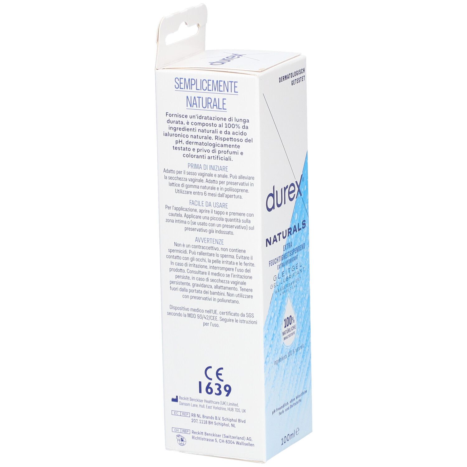 Durex Naturals Extra Hydratant. Vue latérale de l'emballage. Texte en italien. Marquage CE.