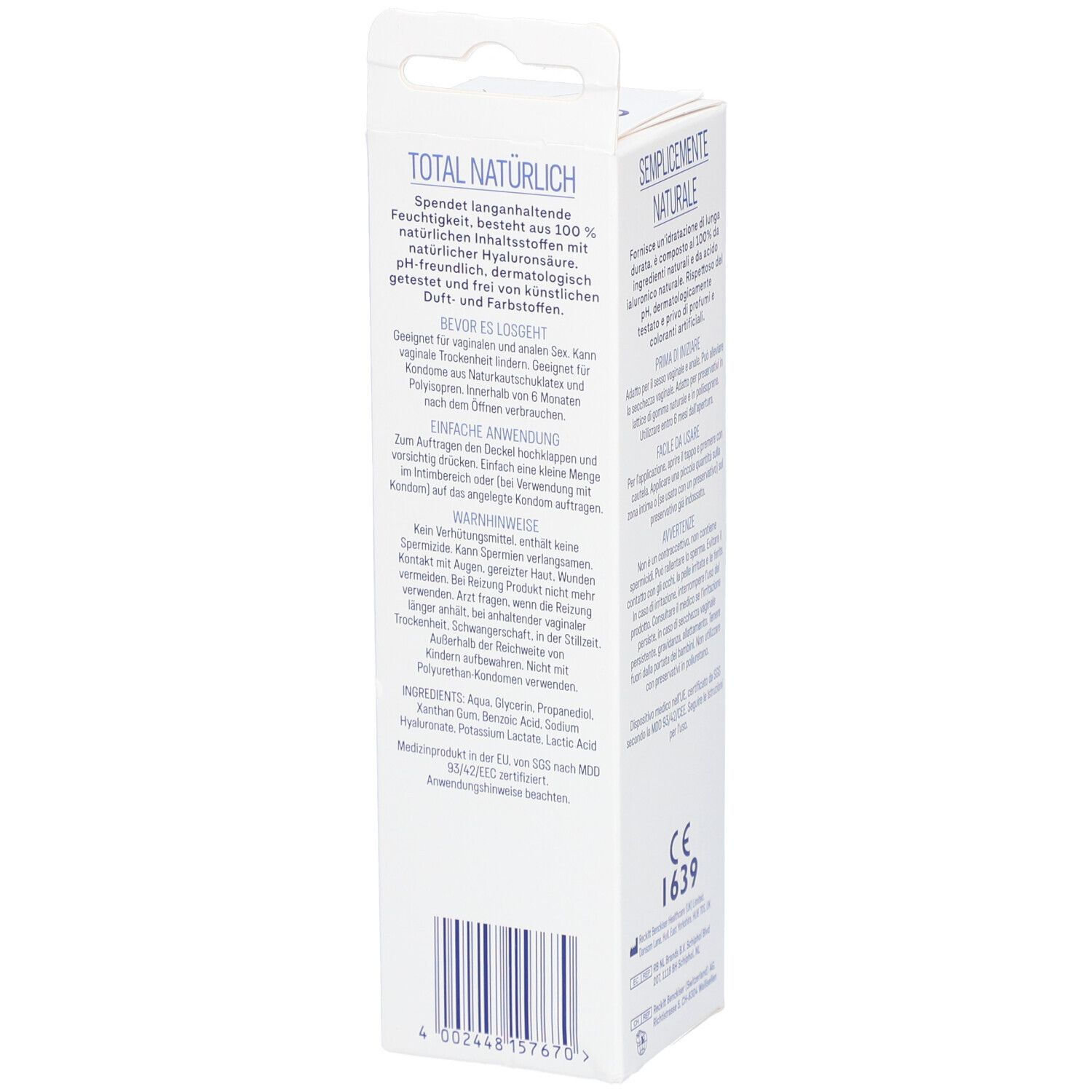 Durex Naturals Extra Hydratant. Vue latérale de l'emballage. Texte en allemand. Code-barres.