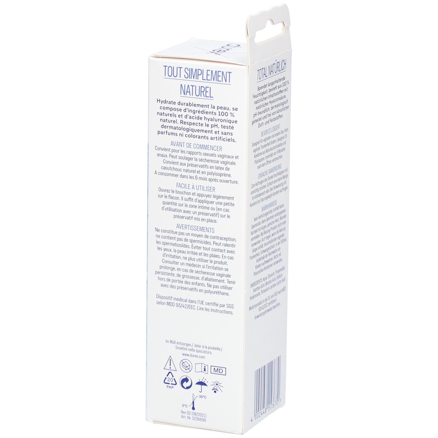 Durex Naturals Extra Hydratant. Vue latérale de l'emballage. Texte en français. Symboles.
