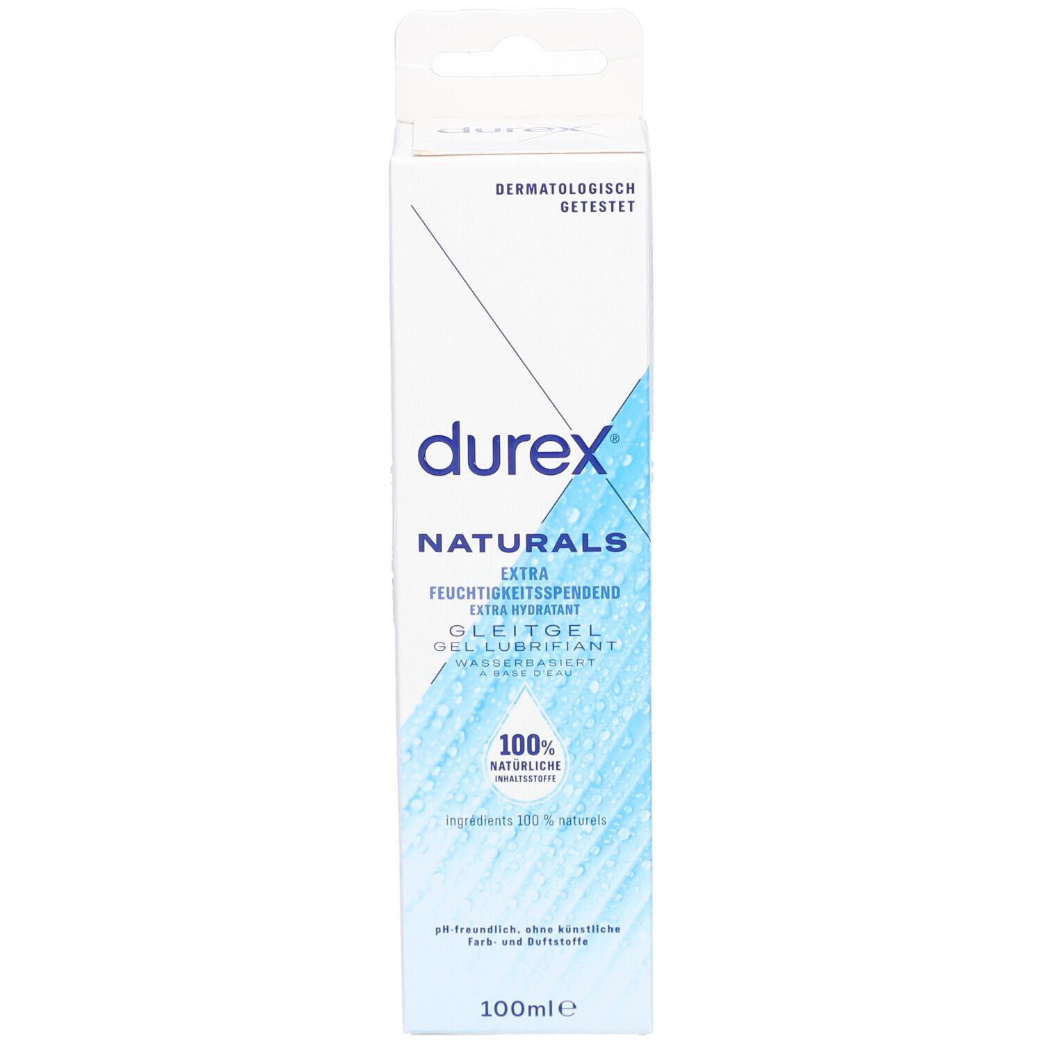 Durex Naturals Extra Hydratant. Emballage blanc avec graphique bleu. Ingrédients 100% naturels.