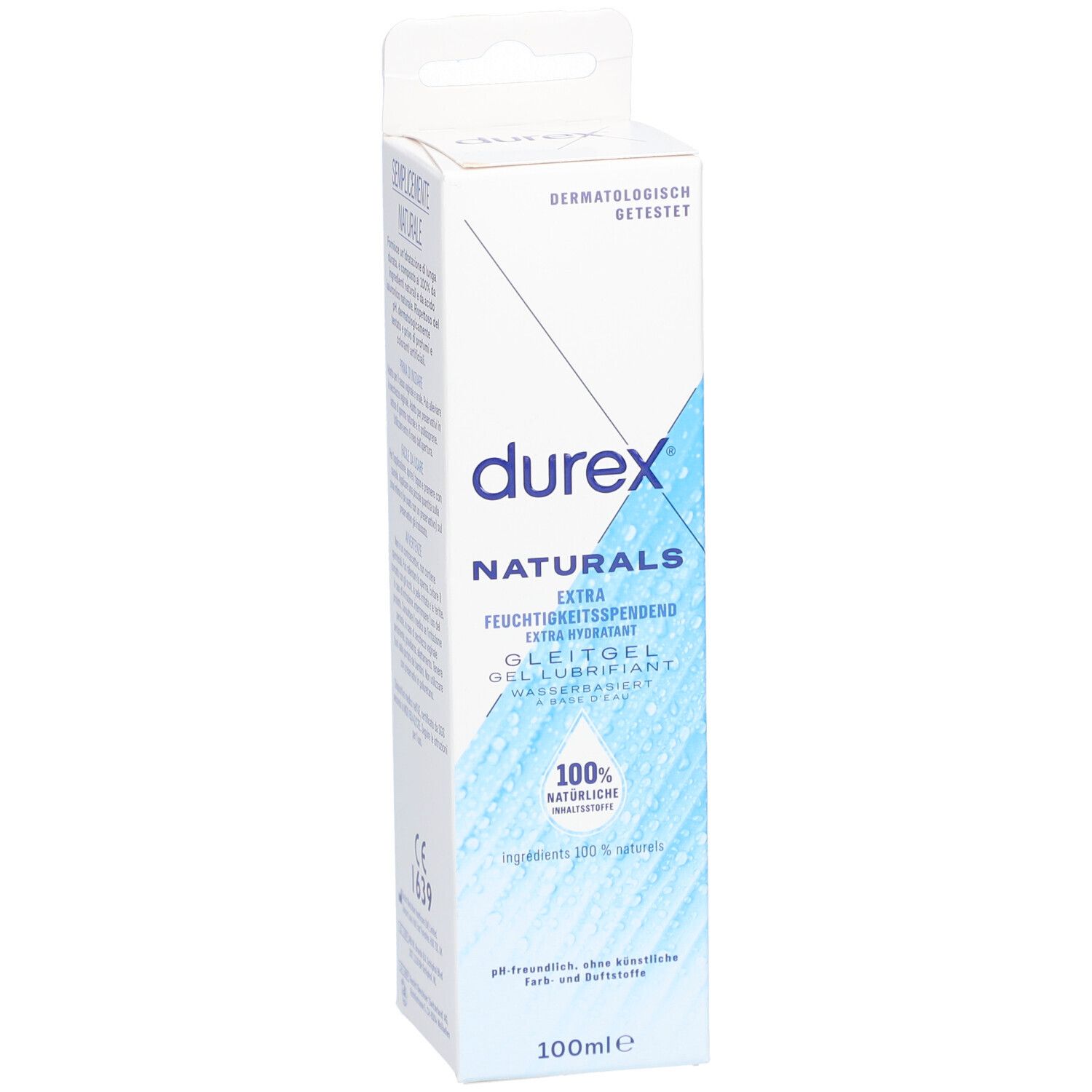 Durex Naturals Extra Hydratant. Emballage blanc avec graphique bleu. Ingrédients 100% naturels.