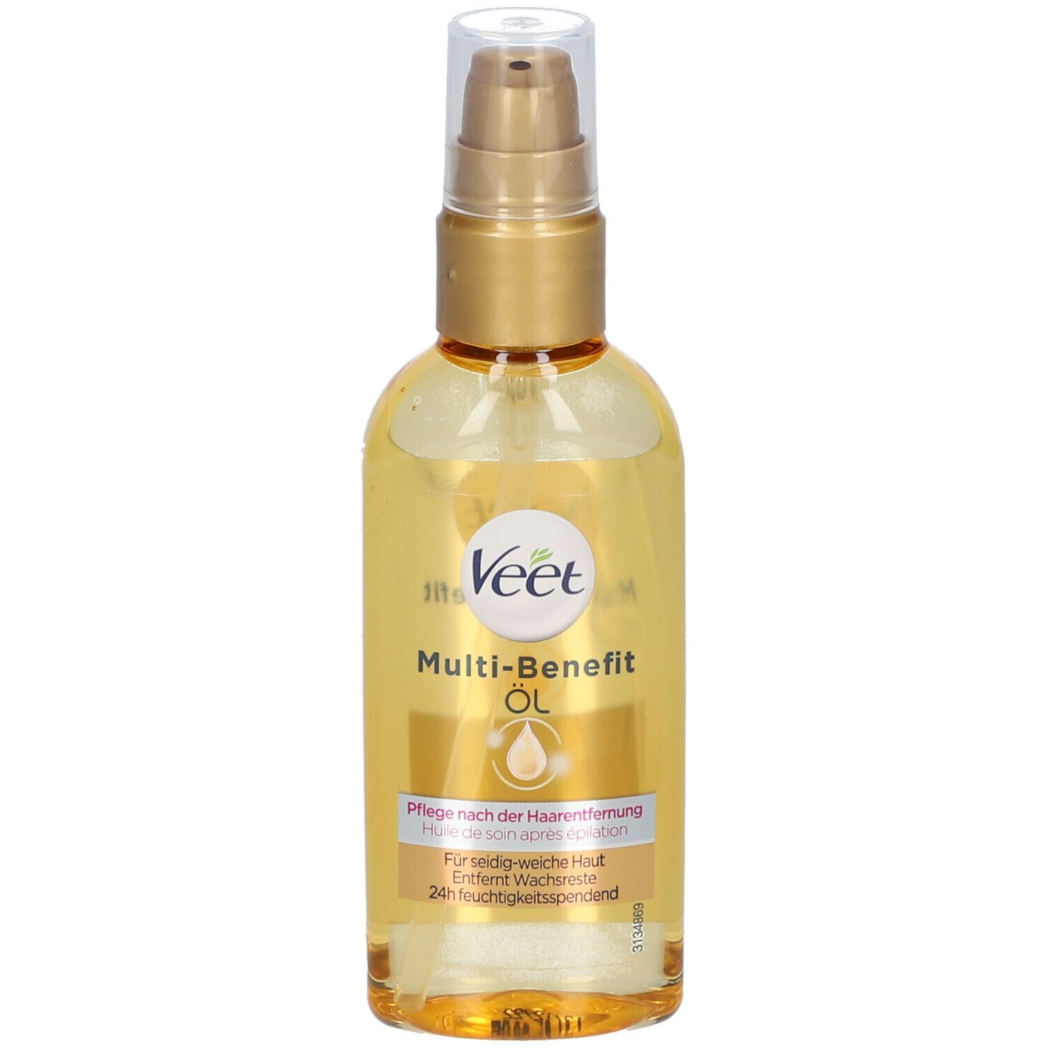 Veet Multi-Benefit Öl, gelbe Flüssigkeit in einer Flasche mit goldenem Pumpkopf. Aufschrift: Pflege nach der Haarentfernung.