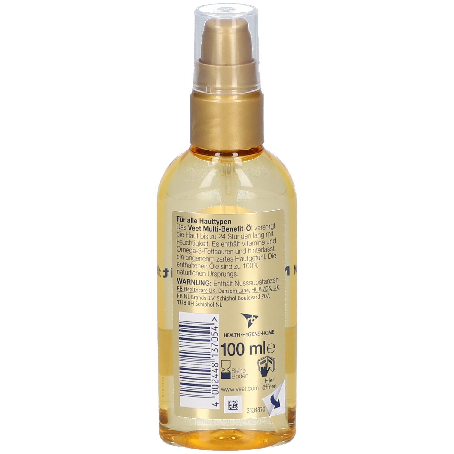 Veet Multi-Benefit Öl, Rückseite der Flasche. Enthält Informationen und Inhaltsstoffe. 100 ml. Barcode.
