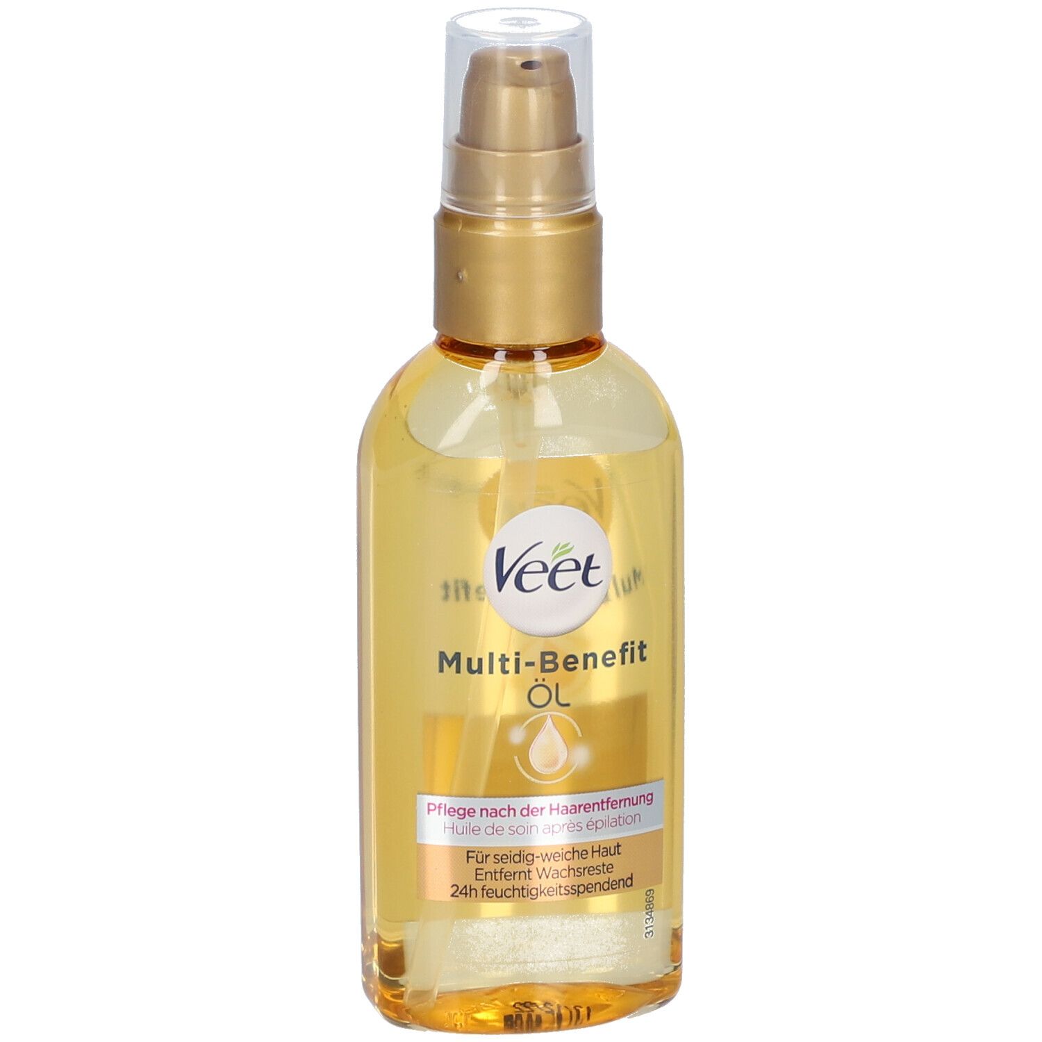 Veet Multi-Benefit Öl, Flasche mit goldenem Pumpkopf. Gelbe Flüssigkeit. Aufschrift: Pflege nach der Haarentfernung.