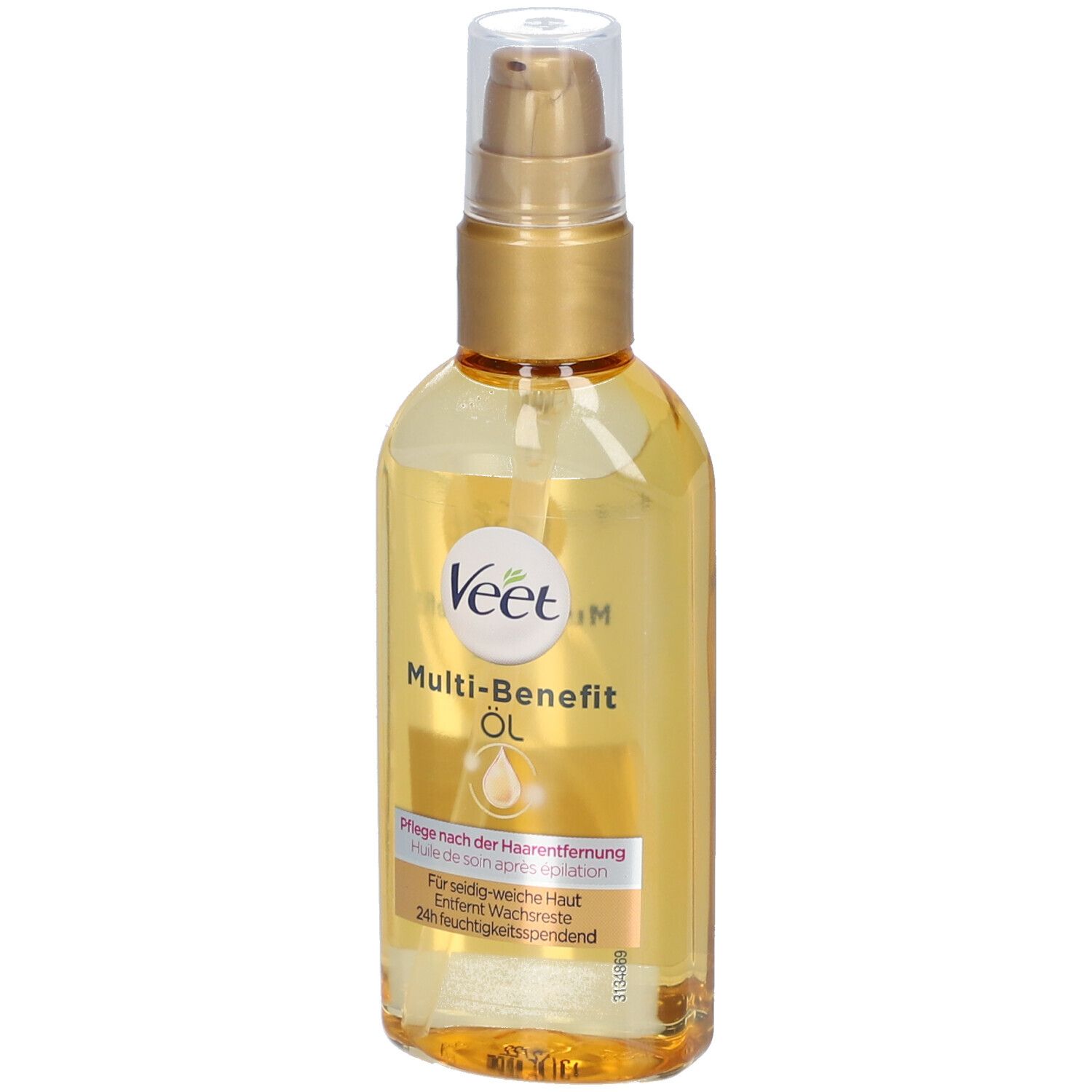 Veet Multi-Benefit Öl, Flasche mit goldenem Pumpkopf. Gelbe Flüssigkeit. Aufschrift: Pflege nach der Haarentfernung.