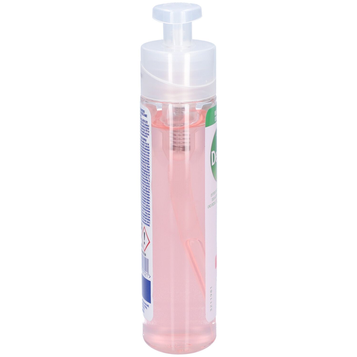 Gel désinfectant pour les mains Dettol. Flacon transparent avec pompe doseuse. Liquide rose. Vue latérale avec étiquette.