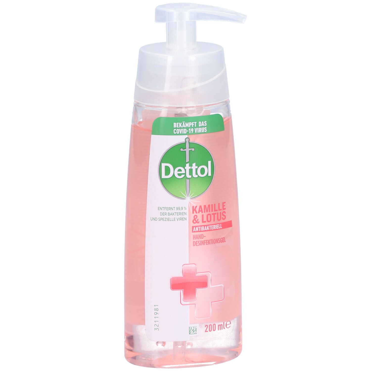 Gel désinfectant pour les mains Dettol. Flacon transparent avec pompe doseuse. Liquide rose. Étiquette avec logo, Camomille & Lotus.