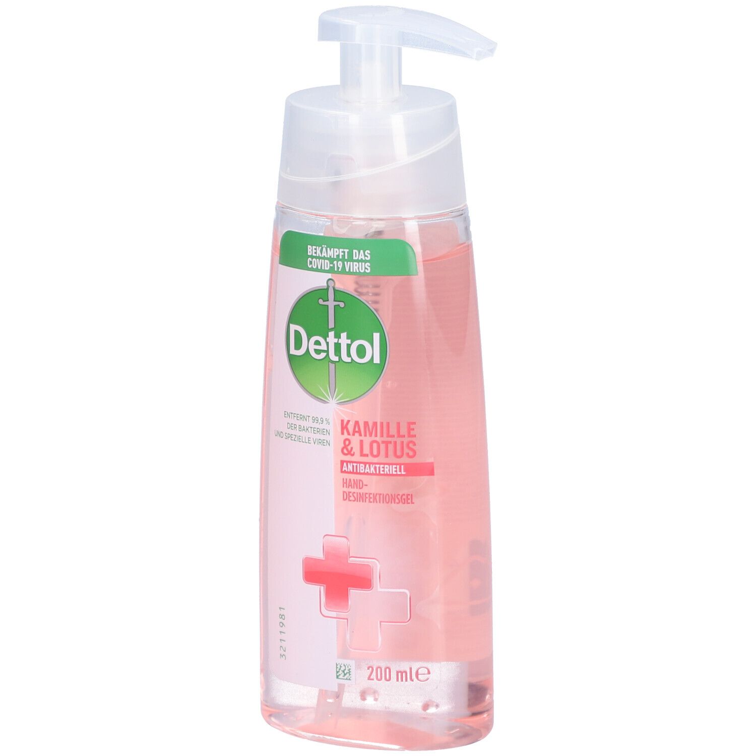 Gel désinfectant pour les mains Dettol. Flacon transparent avec pompe doseuse. Liquide rose. Étiquette avec logo, Camomille & Lotus.