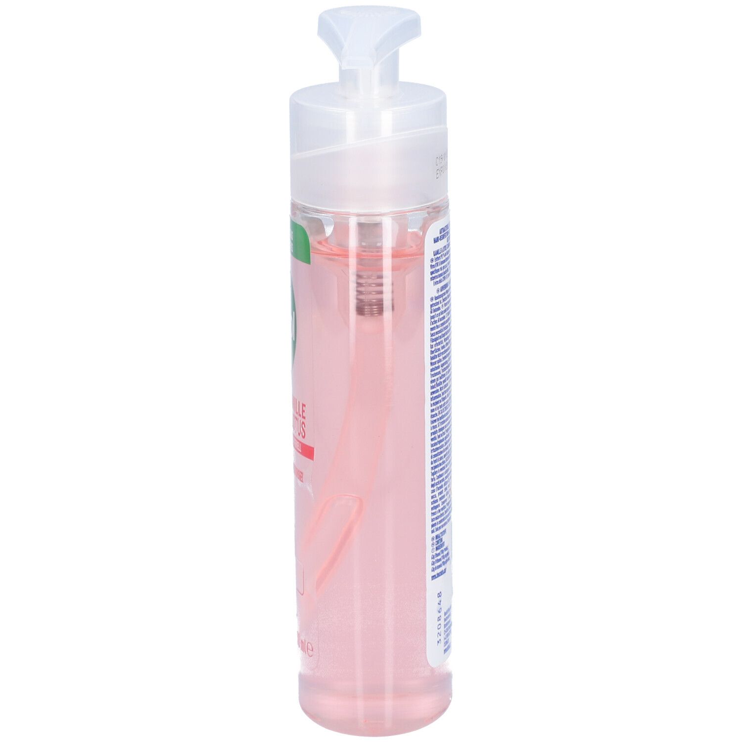 Gel désinfectant pour les mains Dettol. Flacon transparent avec pompe doseuse. Liquide rose. Vue latérale avec étiquette.