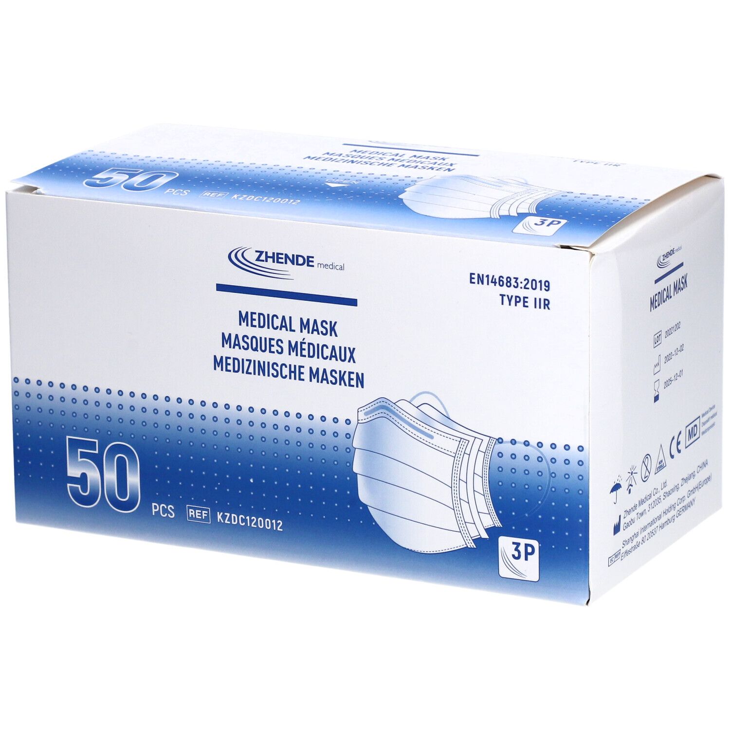 Karton mit 50 medizinischen Masken Typ IIR. Marke Zhende Medical. Aufdruck: Medical Mask, EN14683:2019.