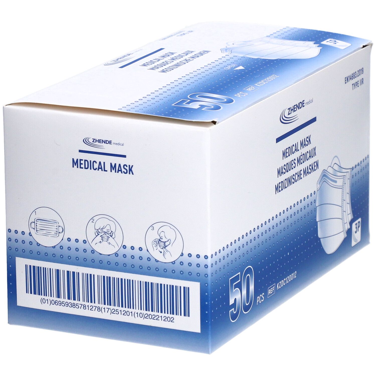 Karton mit 50 medizinischen Masken Typ IIR. Marke Zhende Medical. Aufdruck: Medical Mask, EN14683:2019. Barcode.