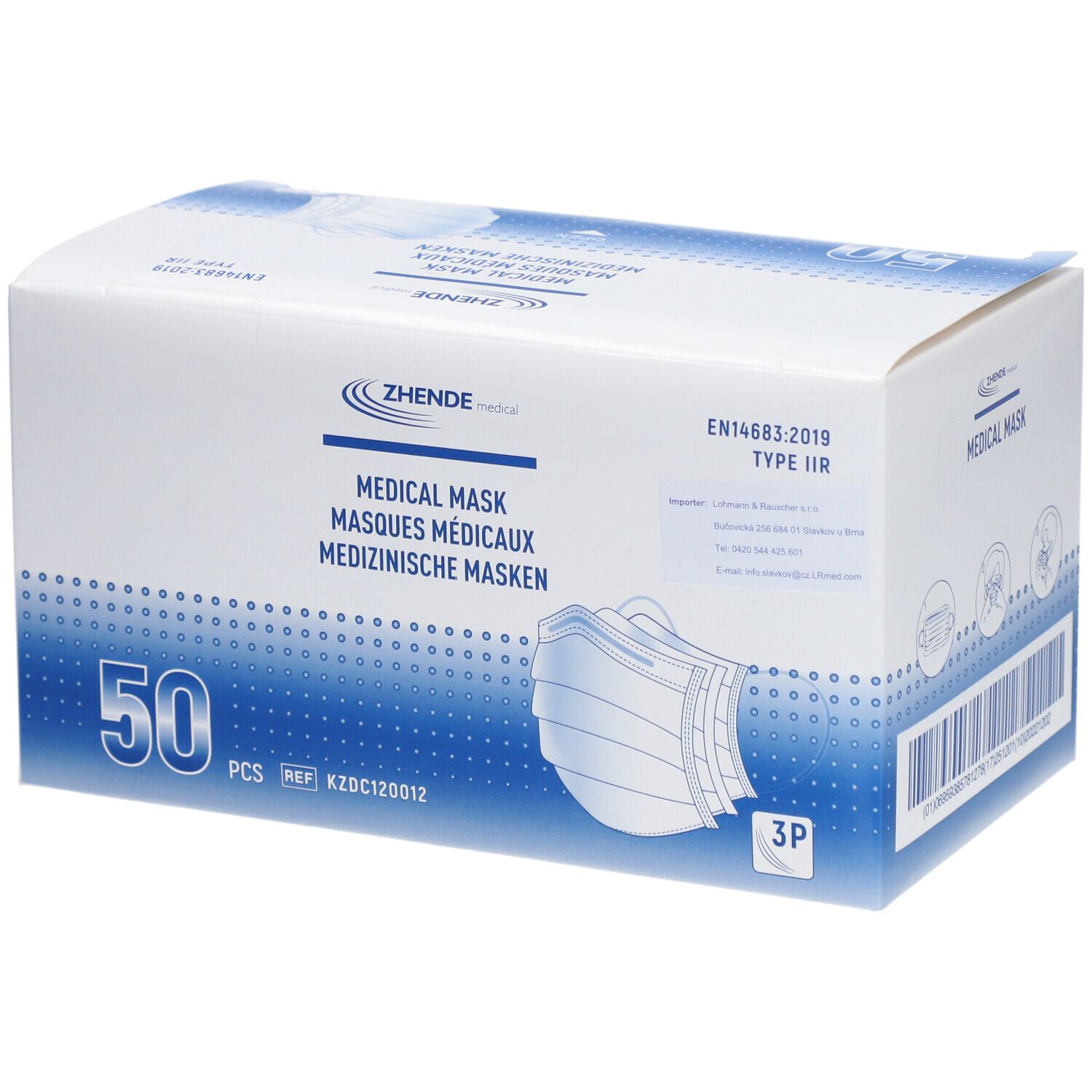 Karton mit 50 medizinischen Masken Typ IIR. Marke Zhende Medical. Aufdruck: Medical Mask, EN14683:2019.