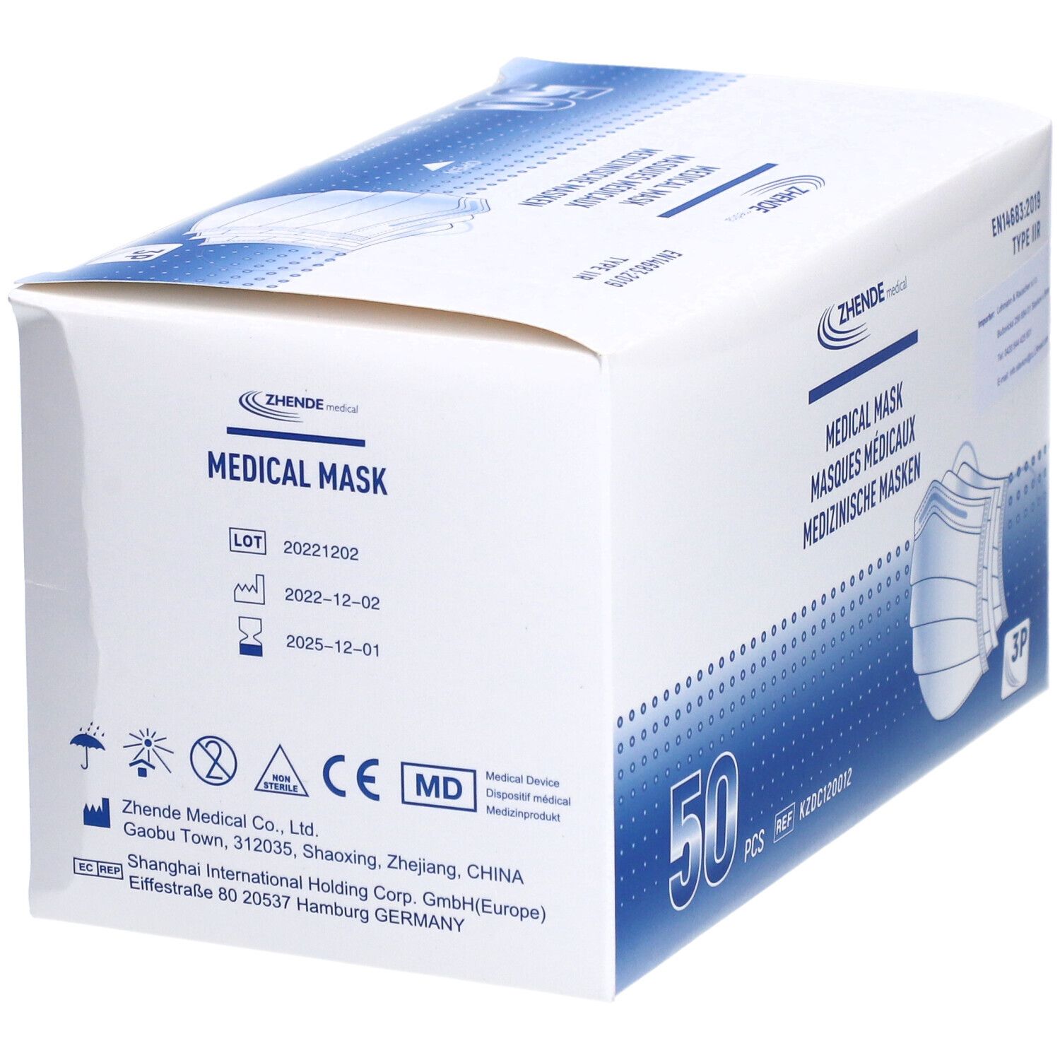 Karton mit 50 medizinischen Masken Typ IIR. Marke Zhende Medical. Aufdruck: Medical Mask, EN14683:2019. CE-Kennzeichnung.