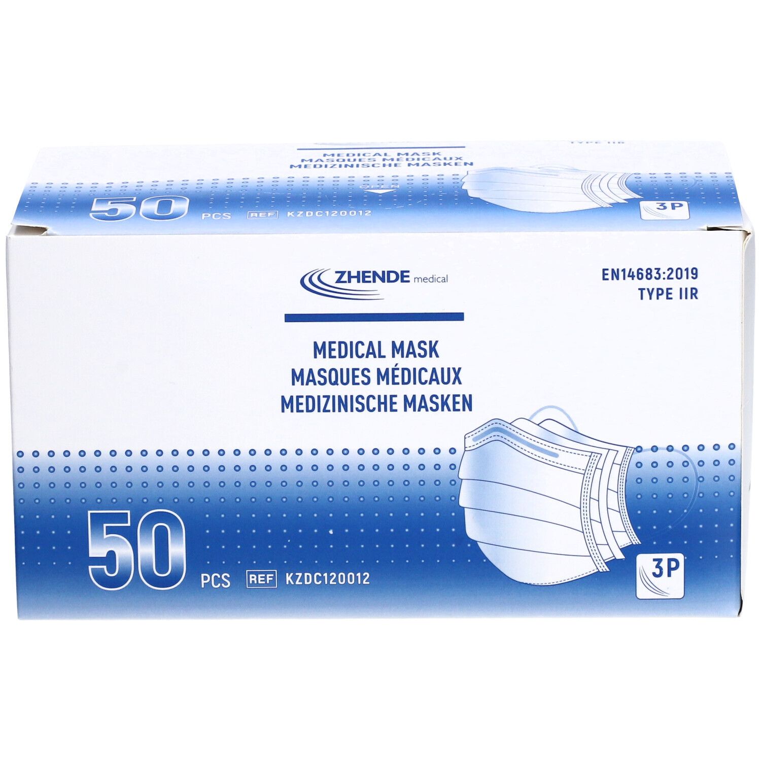Karton mit 50 medizinischen Masken Typ IIR. Marke Zhende Medical. Aufdruck: Medical Mask, EN14683:2019.