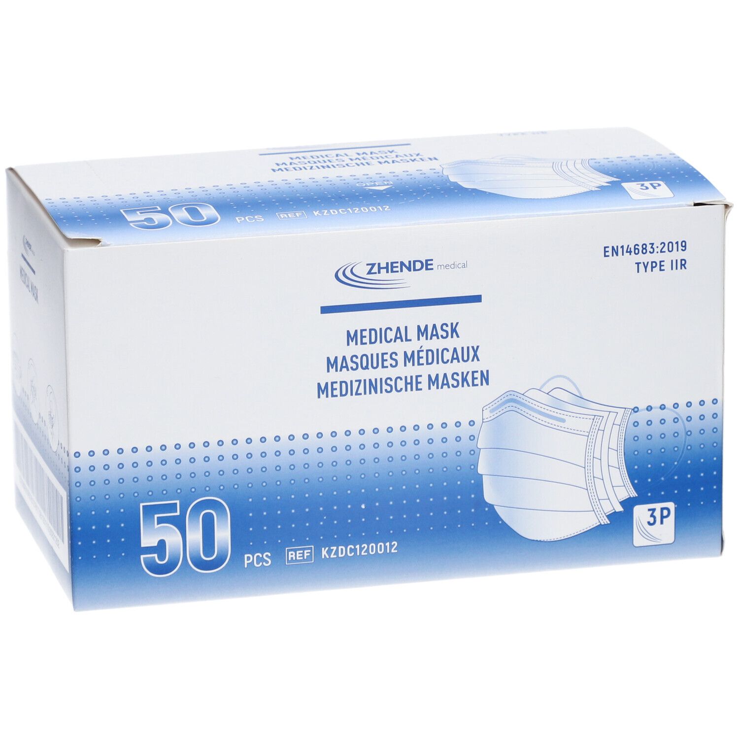 Karton mit 50 medizinischen Masken Typ IIR. Marke Zhende Medical. Aufdruck: Medical Mask, EN14683:2019.