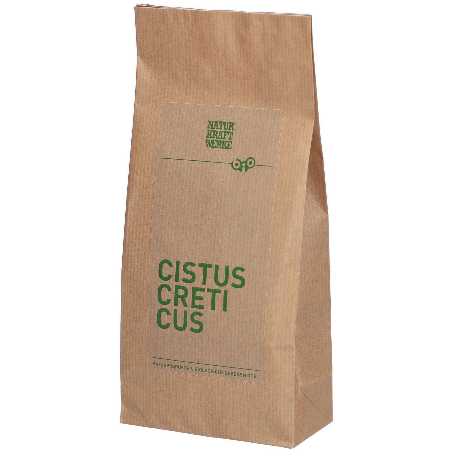 Braune Papiertüte mit grünem Aufdruck. Text: Cistus Creticus. Marke: Naturkraftwerke.