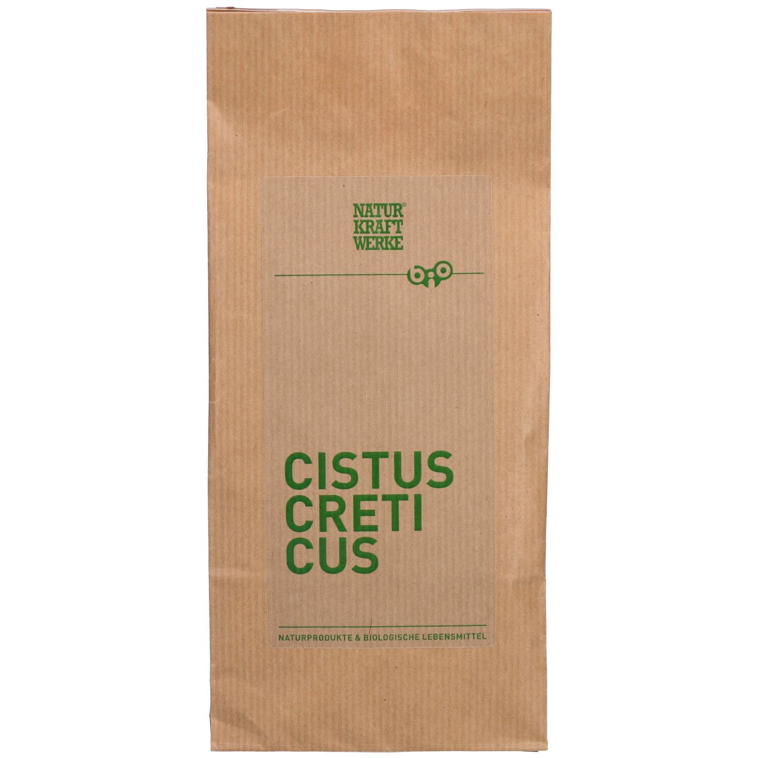 Braune Papiertüte mit grünem Aufdruck. Text: Cistus Creticus. Marke: Naturkraftwerke.