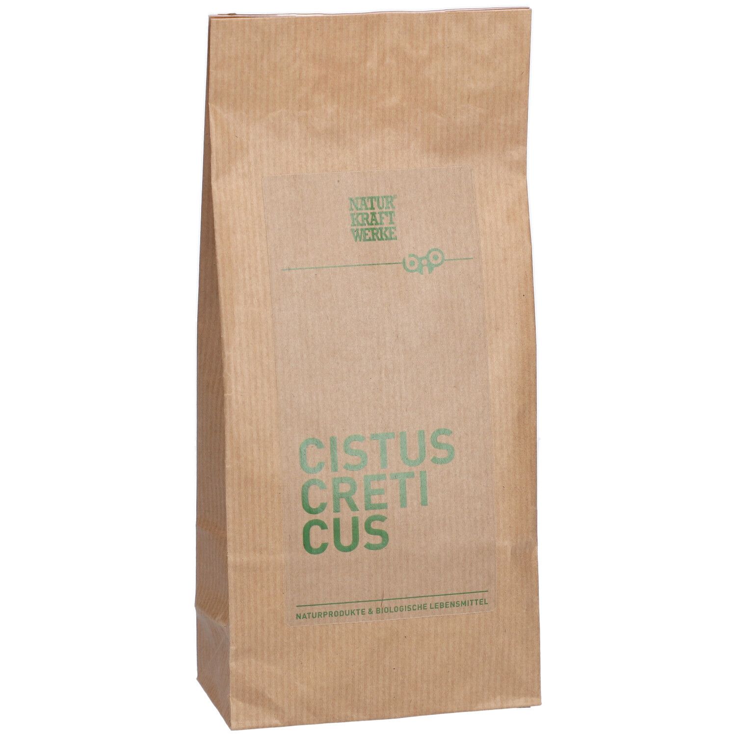 Braune Papiertüte mit grünem Aufdruck. Text: Cistus Creticus. Marke: Naturkraftwerke.