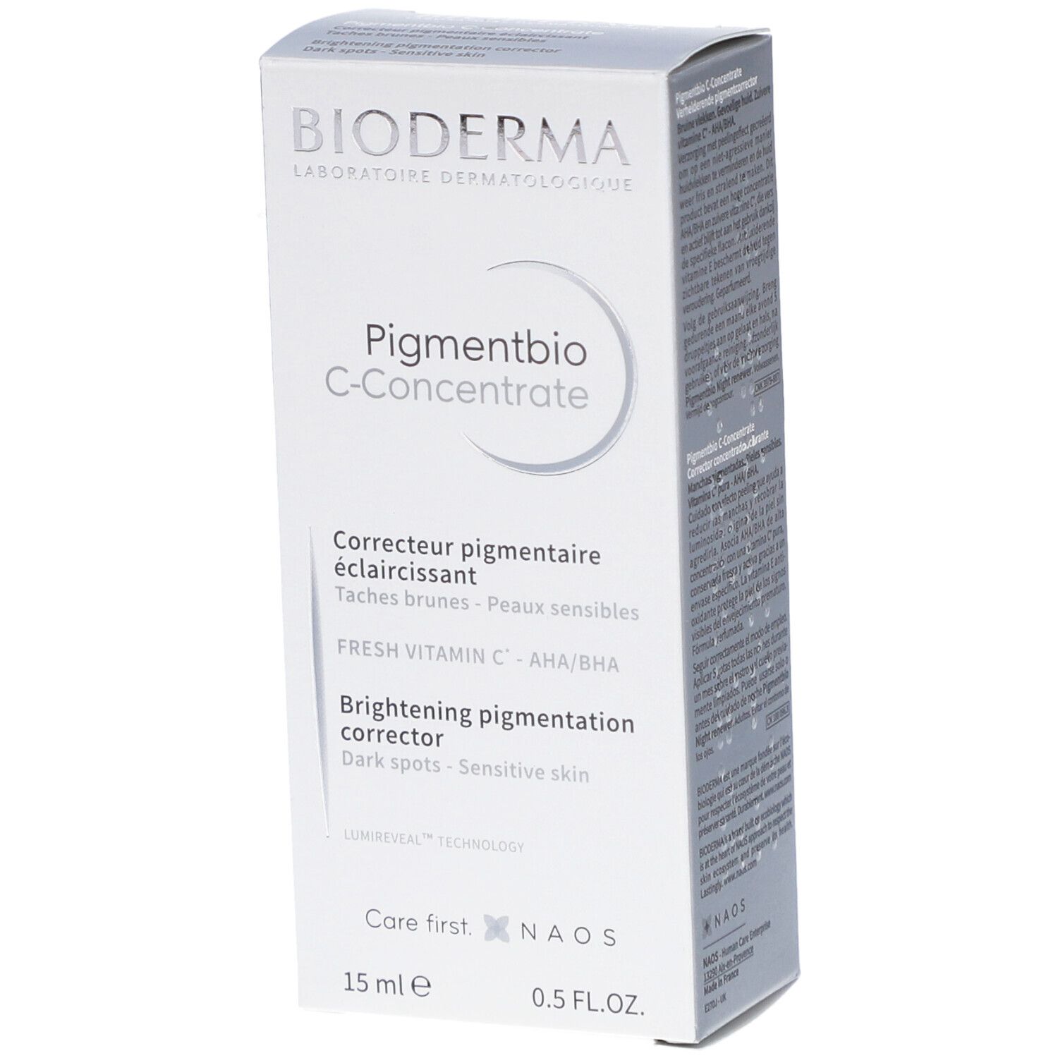 Boîte avec nom de produit et marque. Texte multilingue. 15 ml.