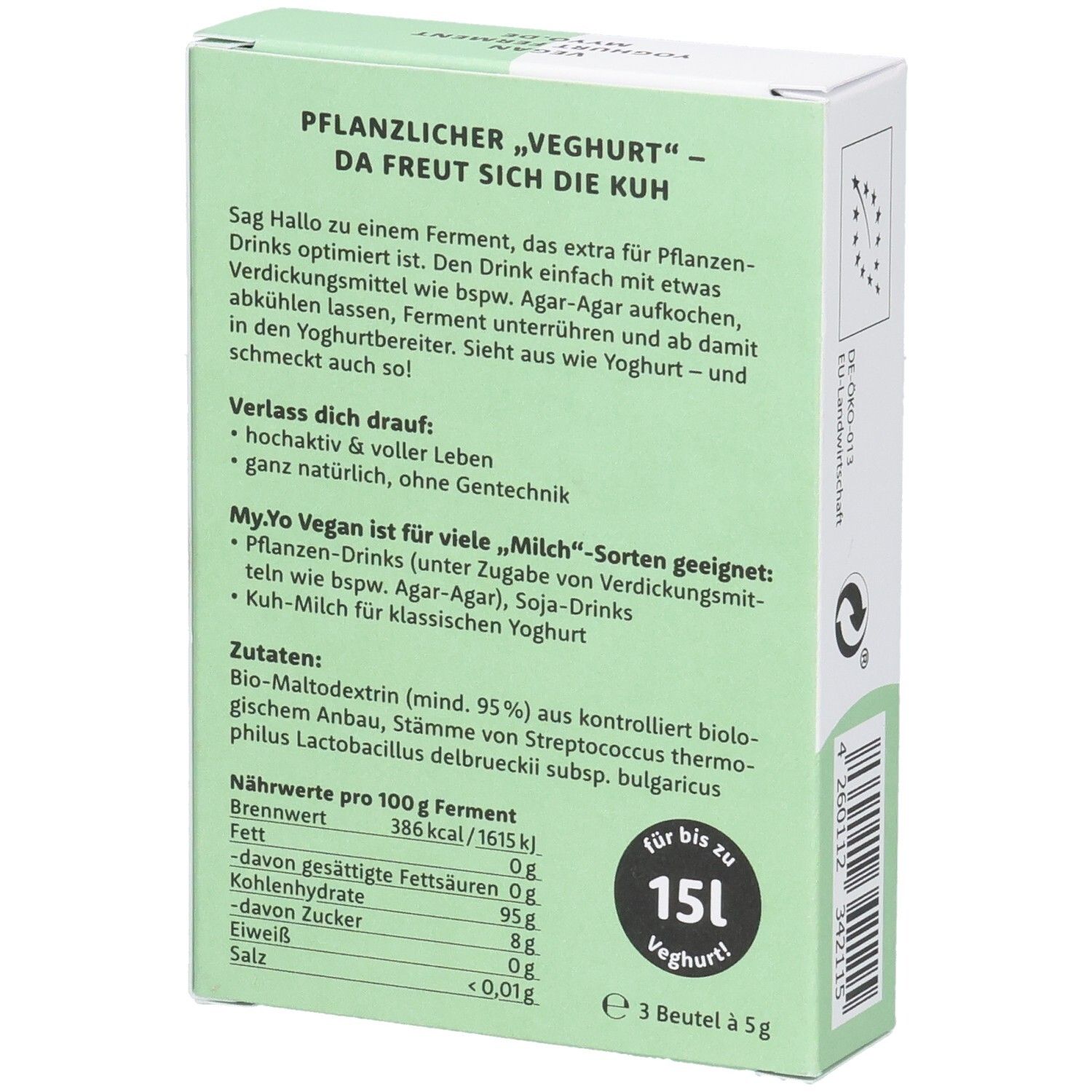 Verpackung von My.Yo veganes Joghurt Ferment. Grüne und weiße Schachtel mit Text und Nährwertangaben. Bio-Siegel.