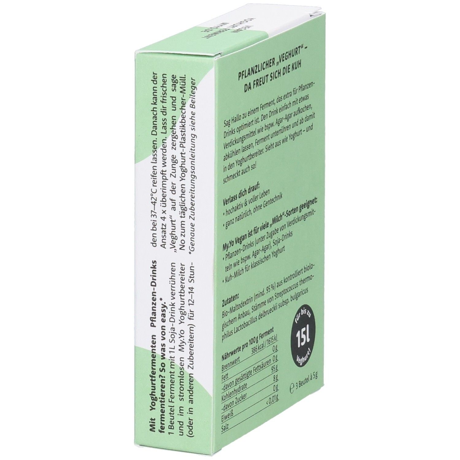Seitenansicht der Verpackung von My.Yo veganes Joghurt Ferment. Grüne und weiße Schachtel mit Text. Bio-Siegel.