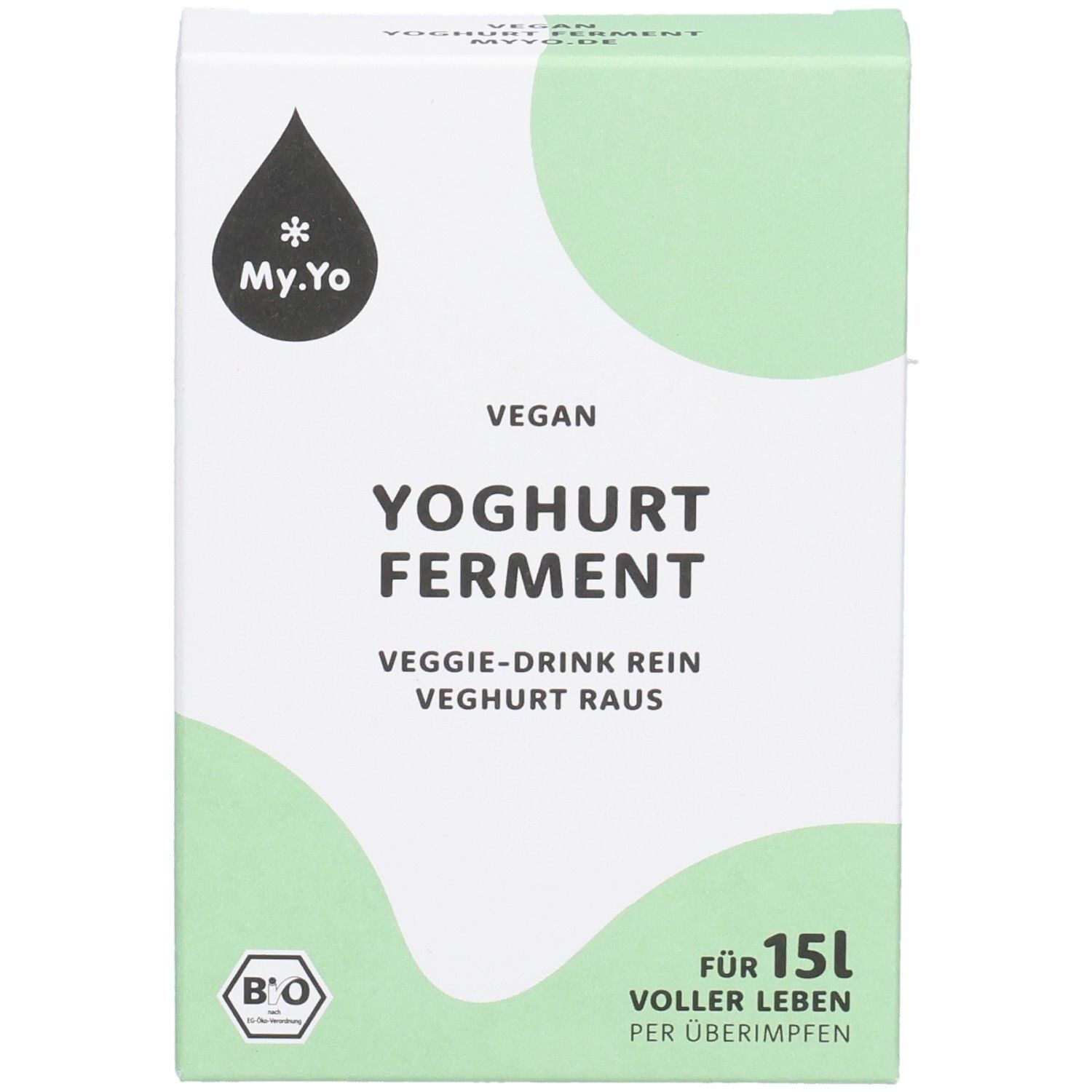 Vorderseite der Verpackung von My.Yo veganes Joghurt Ferment. Weiß mit grünem Design. Text: Vegan, Joghurt Ferment, Bio-Siegel.