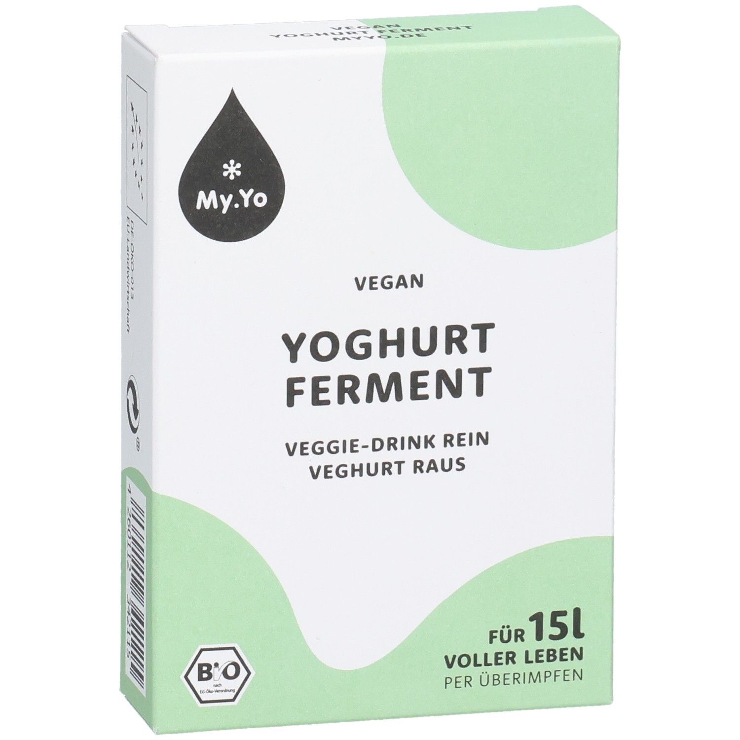Vorderseite der Verpackung von My.Yo veganes Joghurt Ferment. Weiß mit grünem Design. Text: Vegan, Joghurt Ferment, Bio-Siegel.
